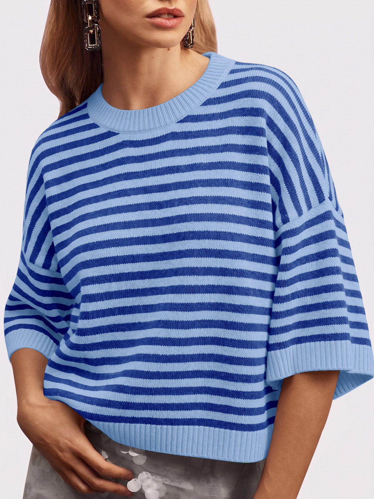 Saodimallsu Women Striped Short Sleeve Knit Top