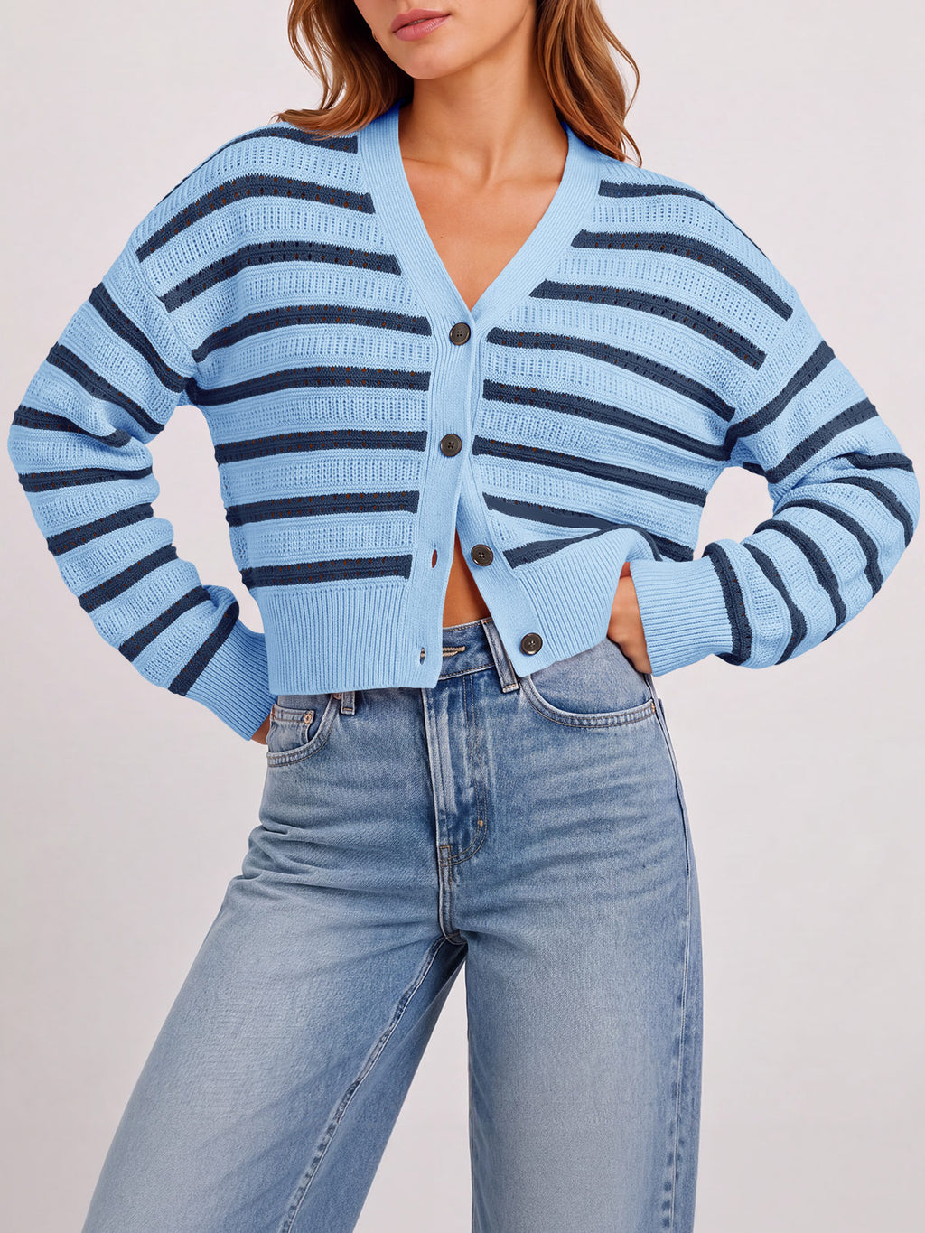 Saodimallsu Womens Striped Crochet Cardigan Tops