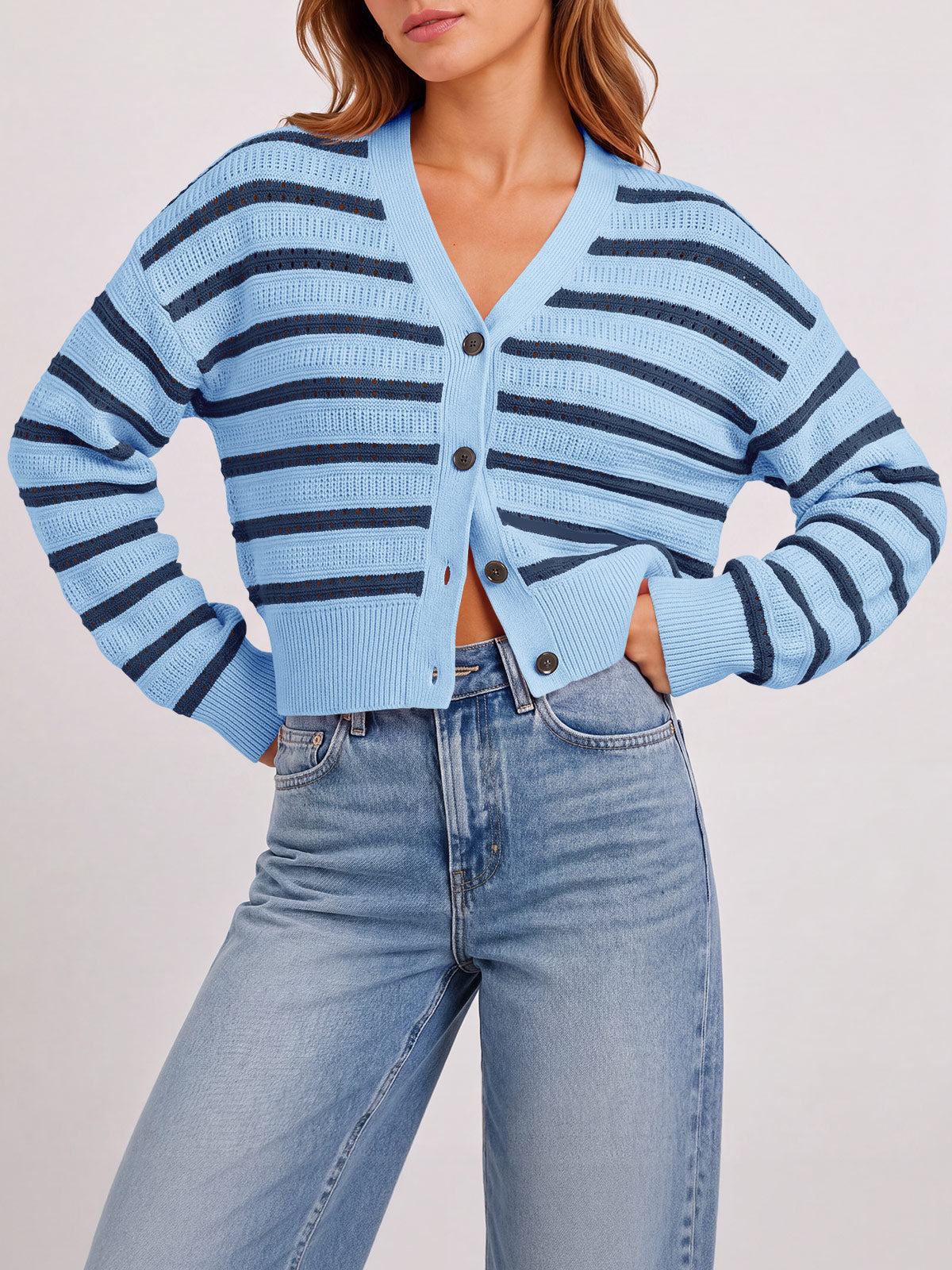 Saodimallsu Womens Striped Crochet Cardigan Tops