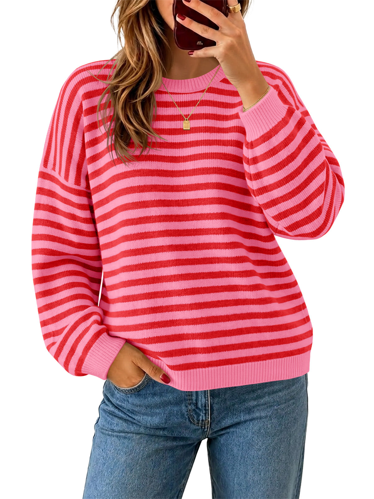 Saodimallsu Women Oversized Striped Crew Neck Pullover Sweater
