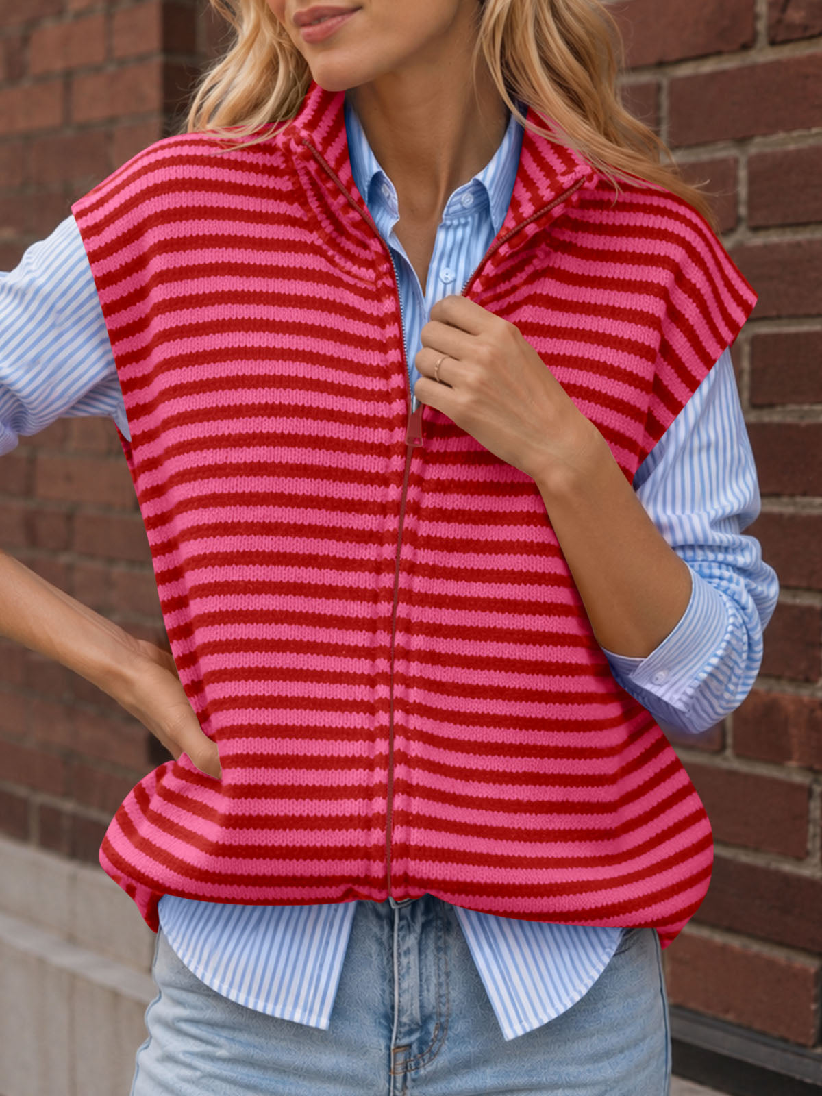 Saodimallsu Women Striped Zip Up Knit Cardigan