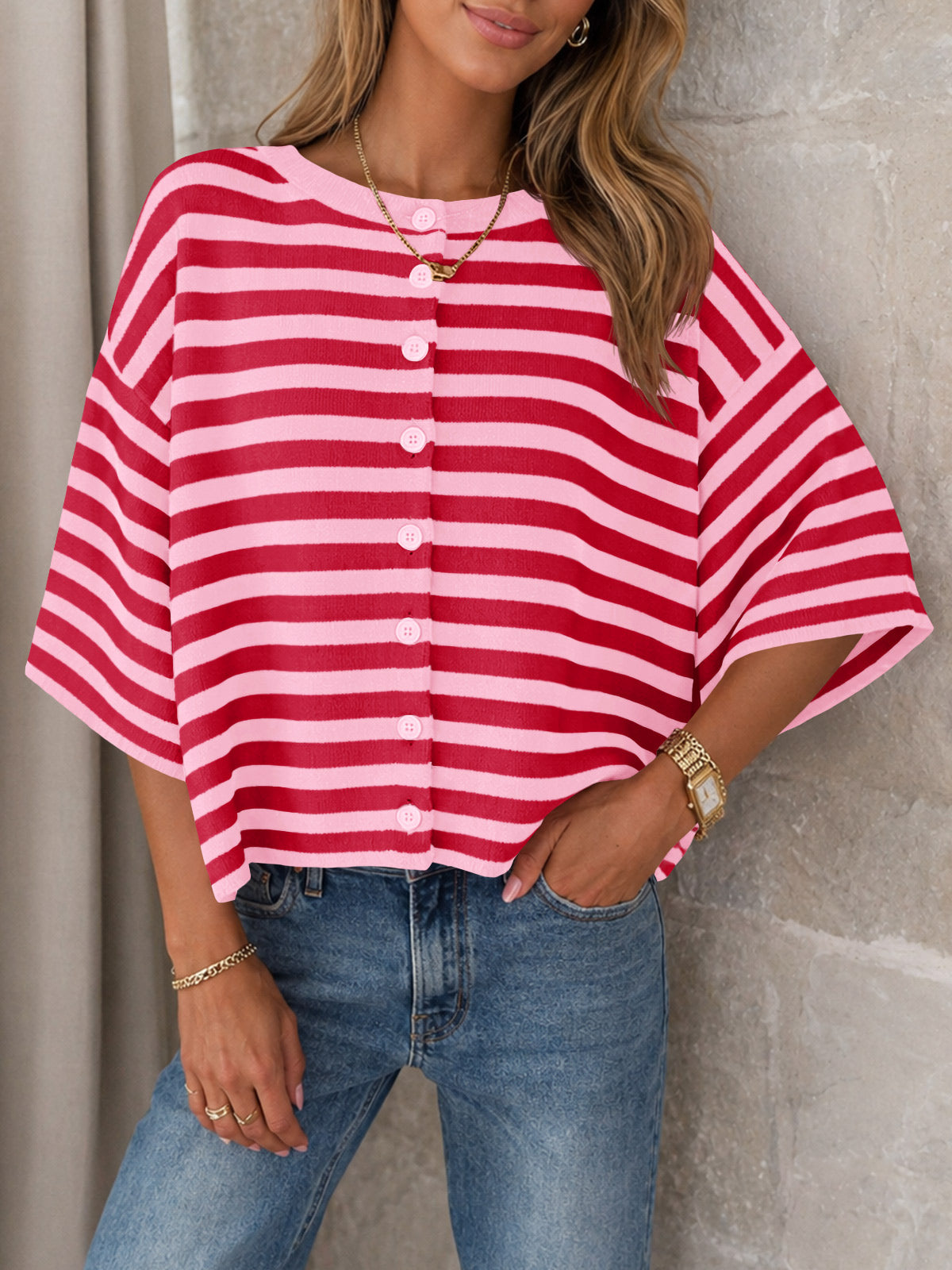 Saodimallsu Women Striped Cropped Cardigan