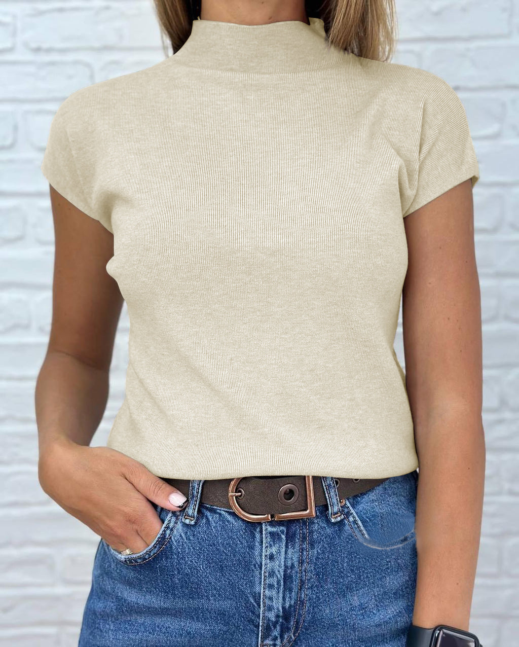 Saodimallsu Womens Mock Neck Short Sleeve Sweater