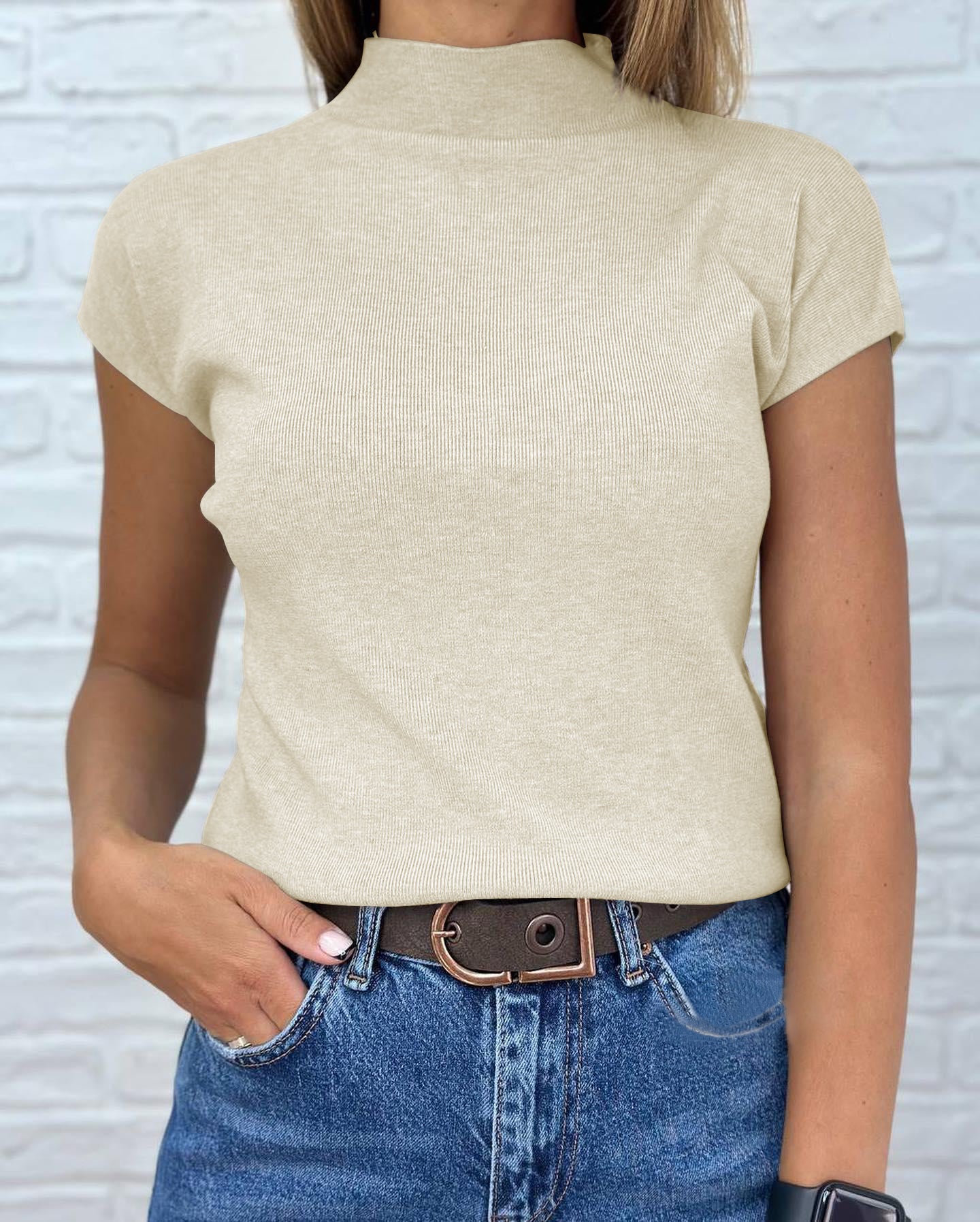 Saodimallsu Womens Mock Neck Short Sleeve Sweater