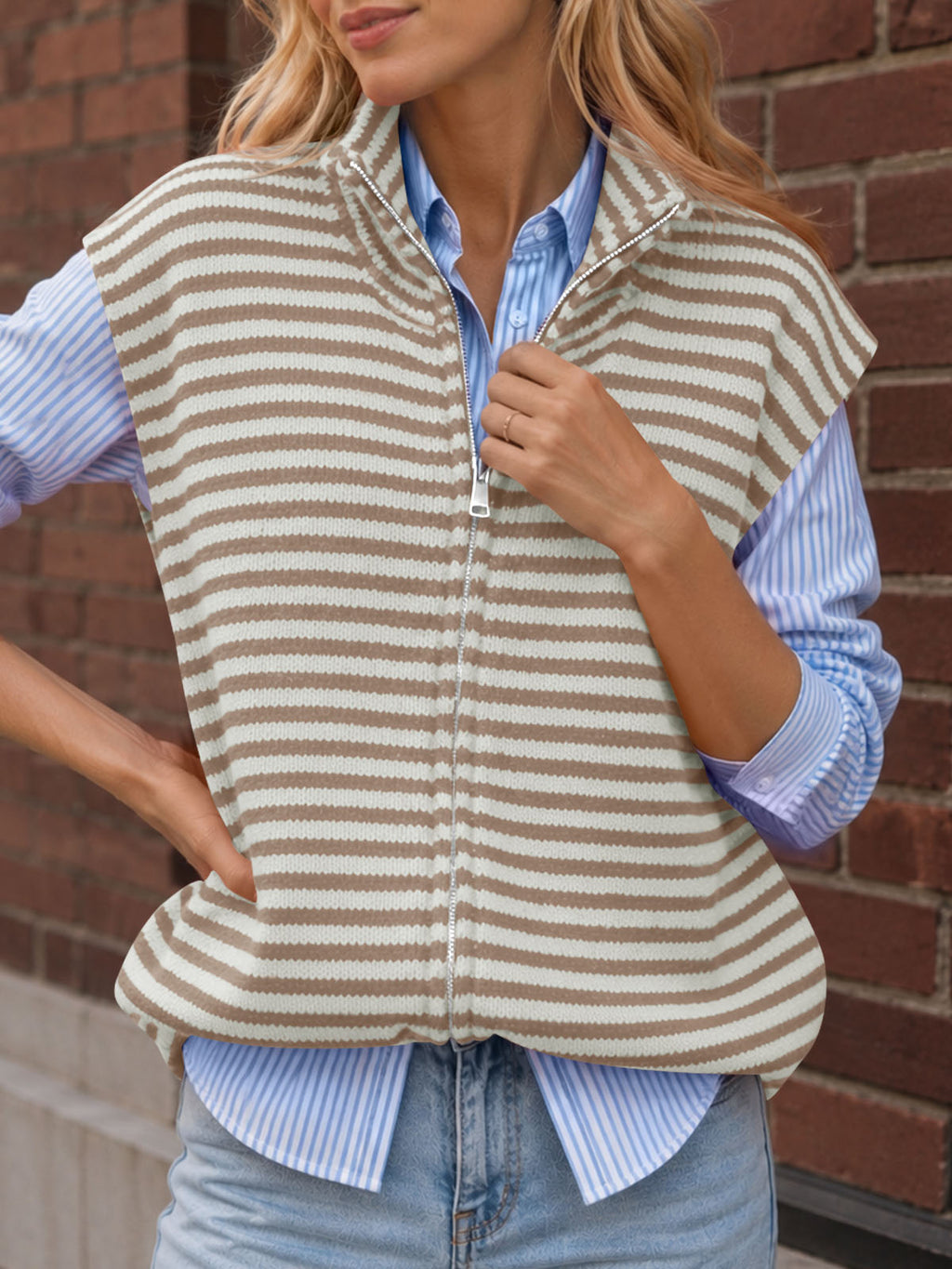 Saodimallsu Women Striped Zip Up Knit Cardigan