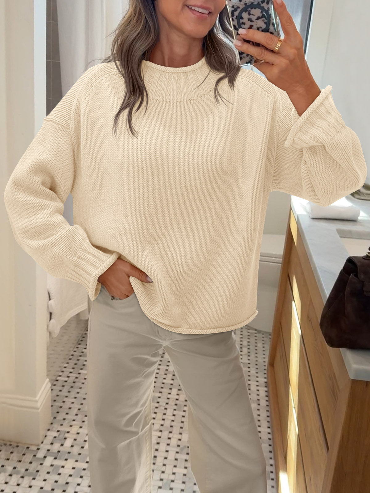 Saodimallsu Women Mock Neck Chunky Knit Tops