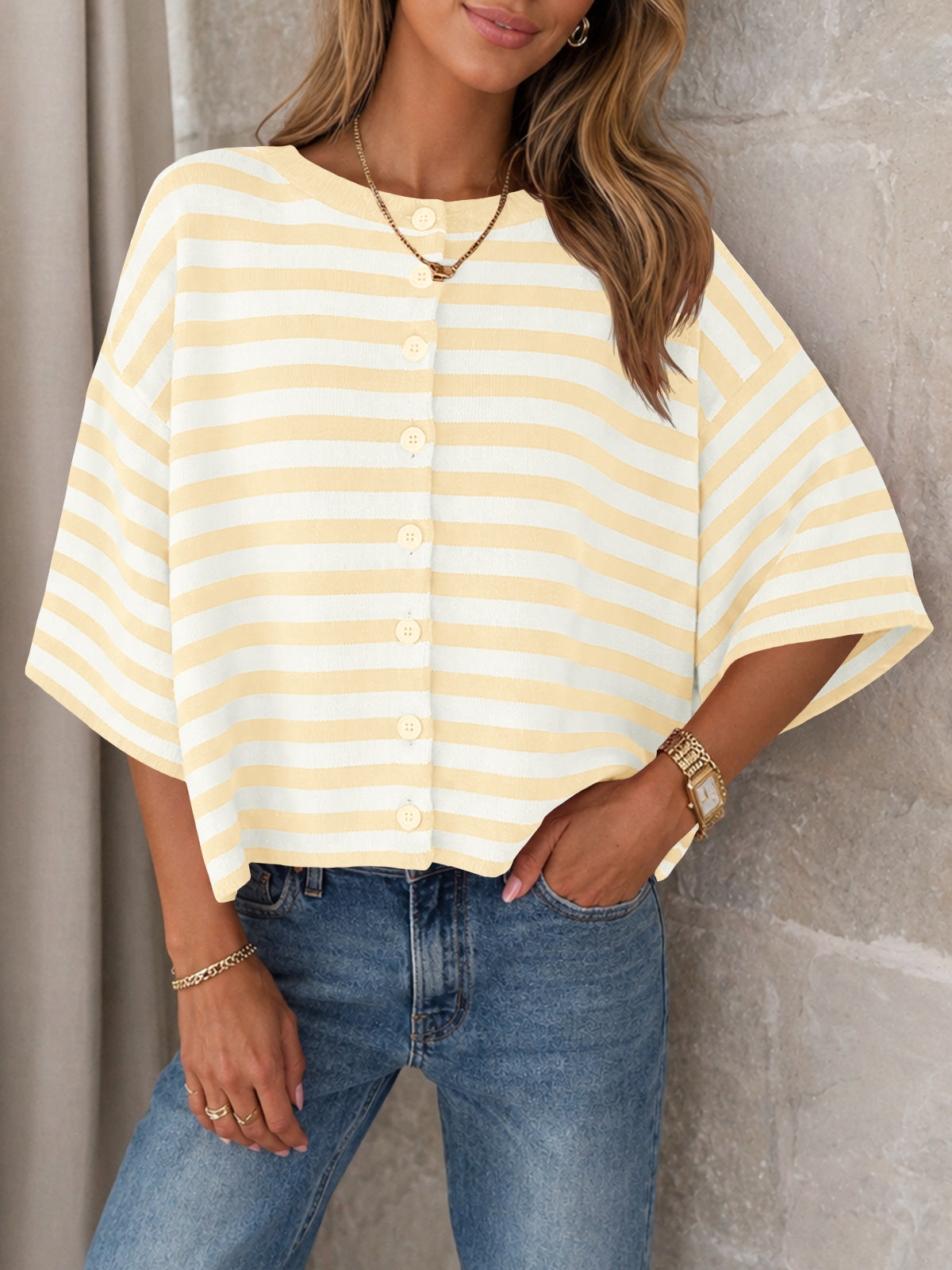 Saodimallsu Women Striped Cropped Cardigan