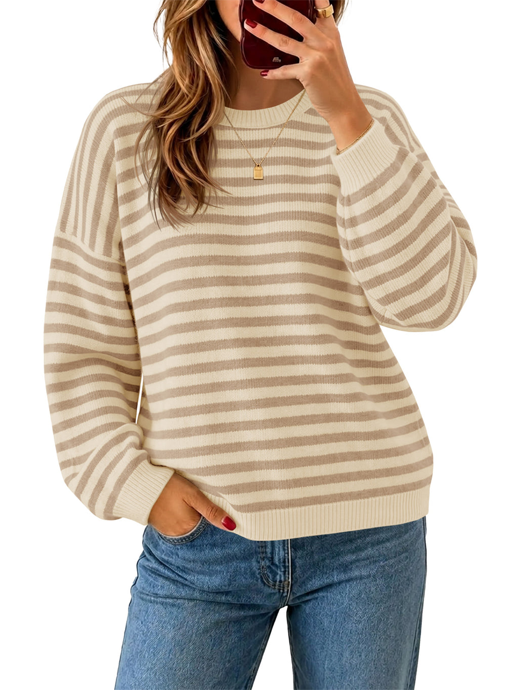 Saodimallsu Women Oversized Striped Crew Neck Pullover Sweater