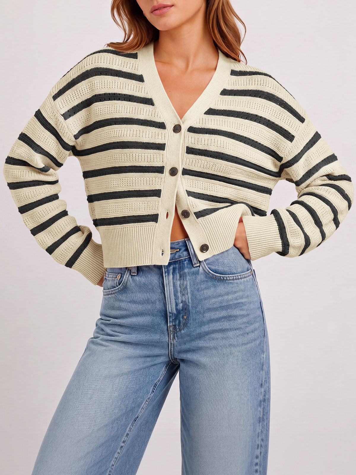 Saodimallsu Womens Striped Crochet Cardigan Tops