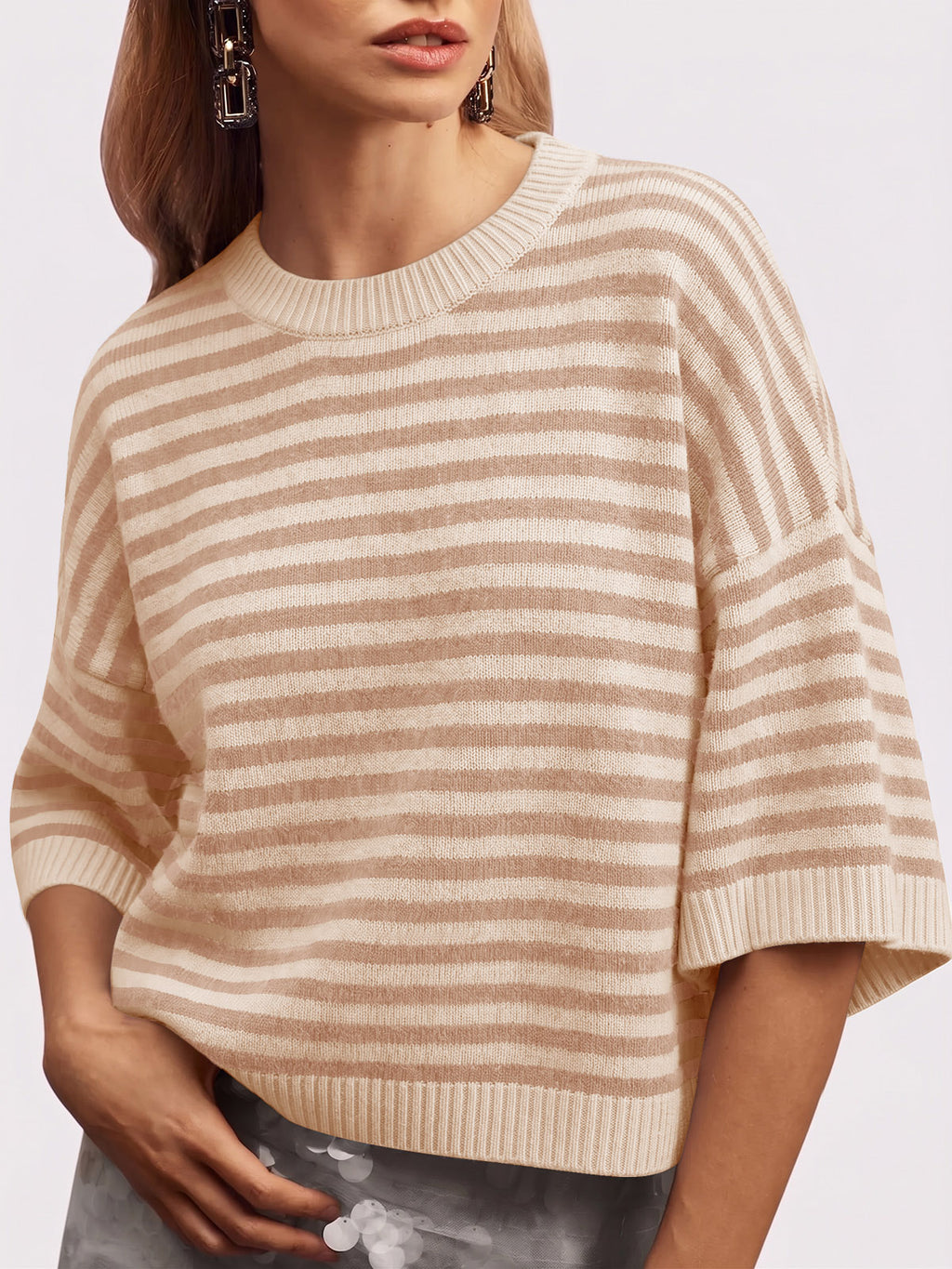 Saodimallsu Women Striped Short Sleeve Knit Top