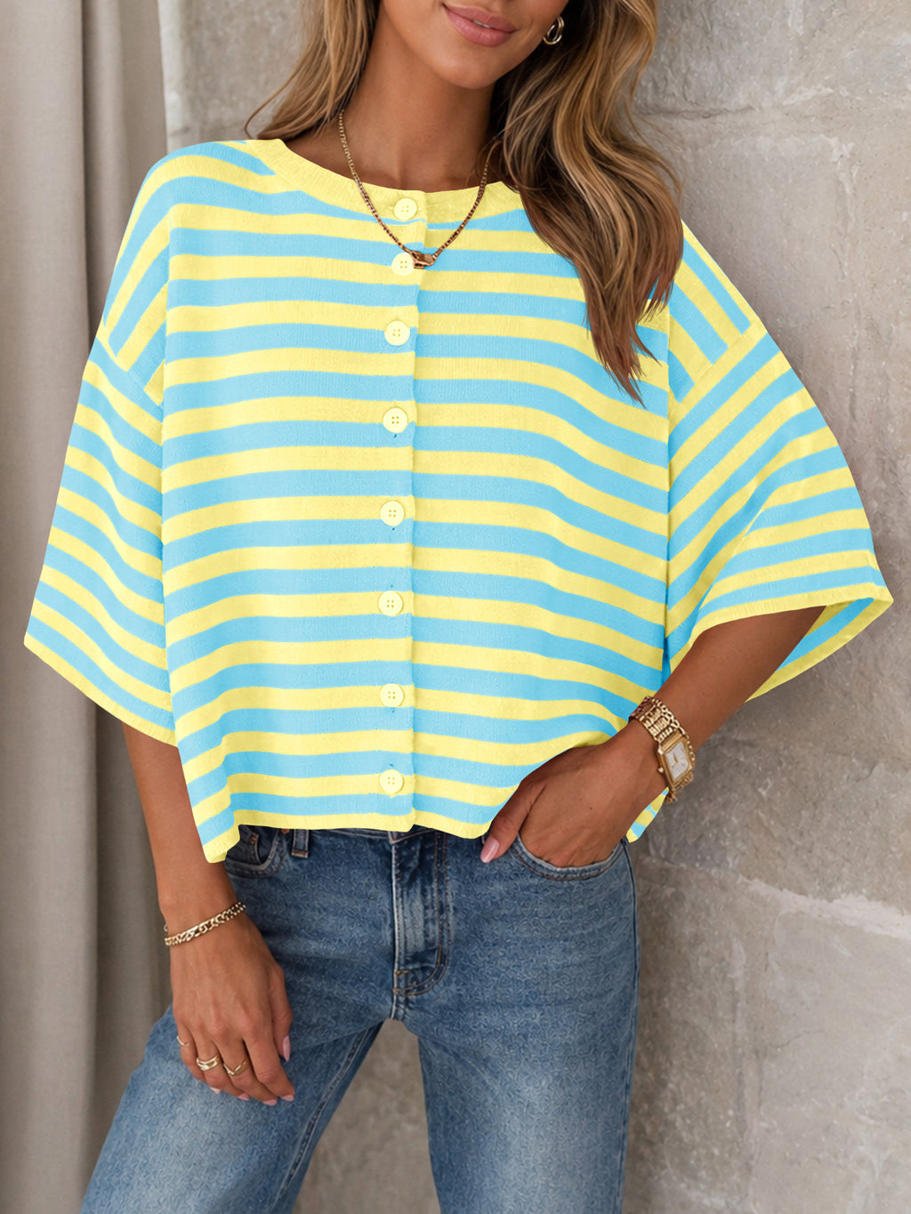 Saodimallsu Women Striped Cropped Cardigan