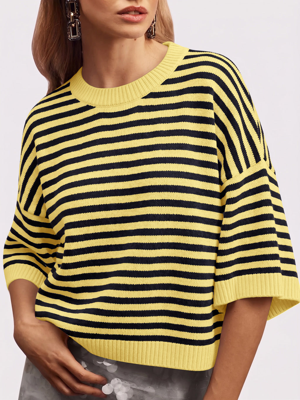 Saodimallsu Women Striped Short Sleeve Knit Top