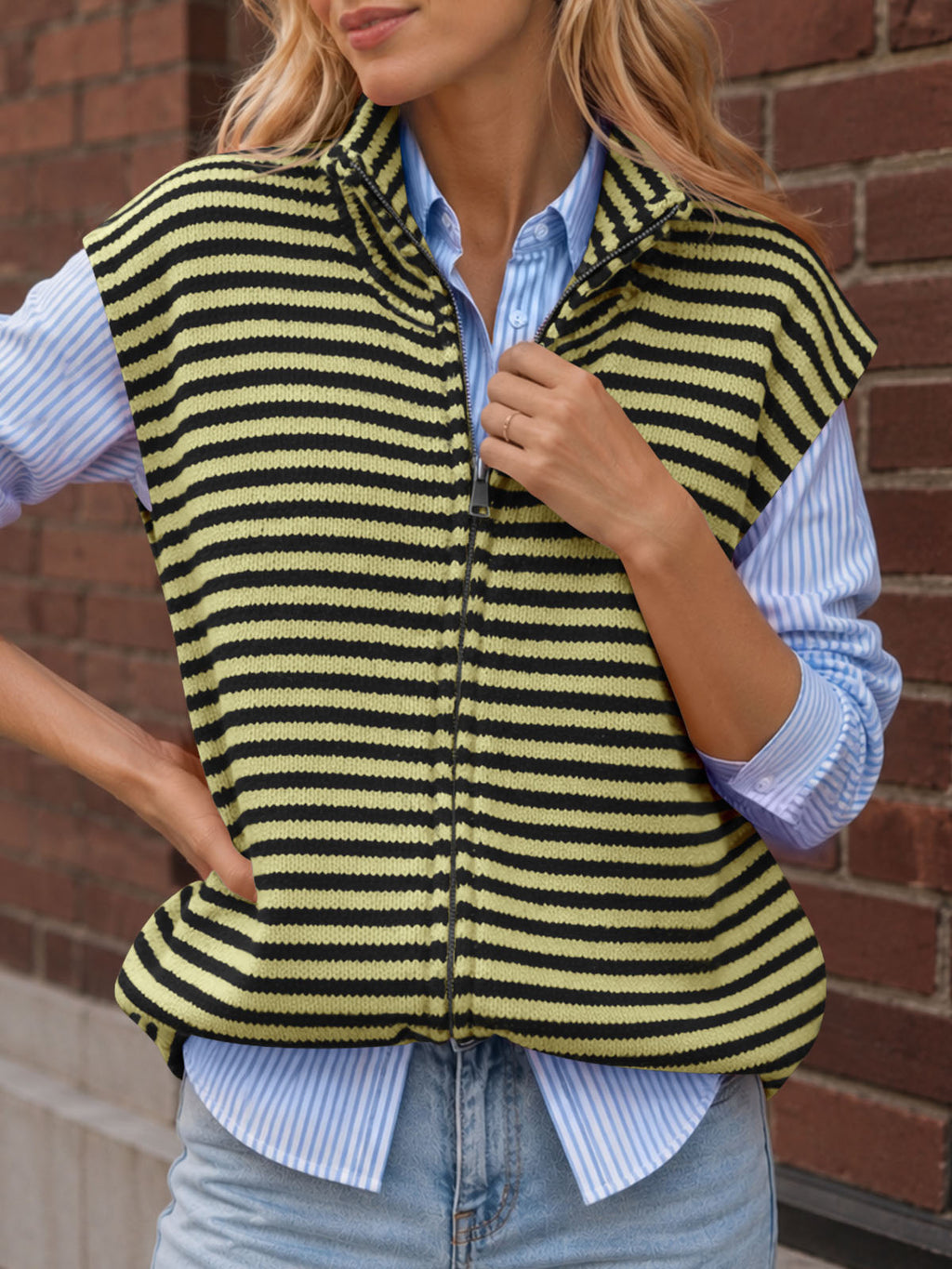 Saodimallsu Women Striped Zip Up Knit Cardigan