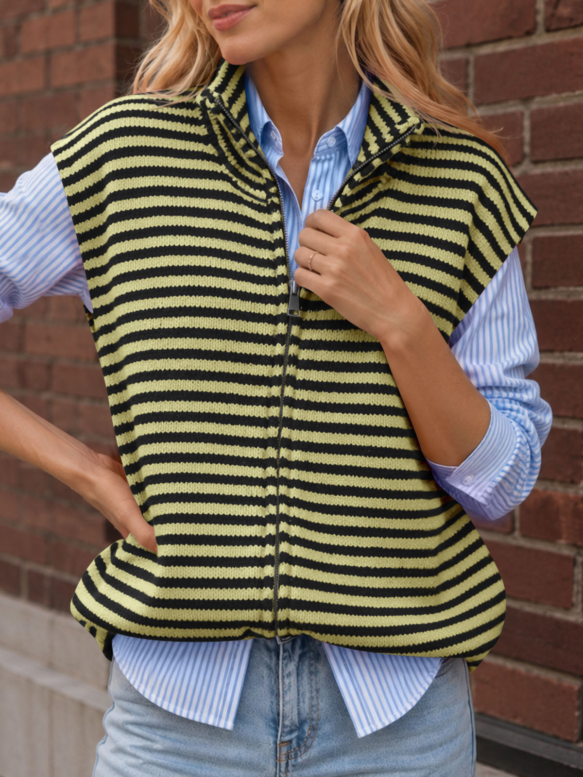 Saodimallsu Women Striped Zip Up Knit Cardigan