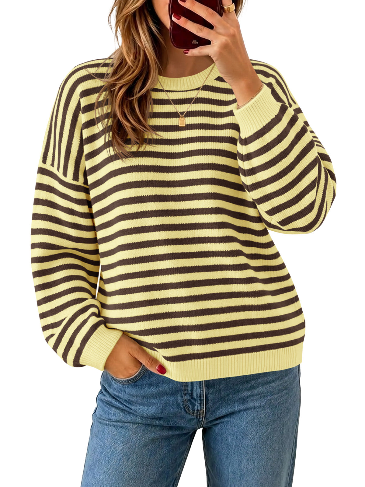 Saodimallsu Women Oversized Striped Crew Neck Pullover Sweater