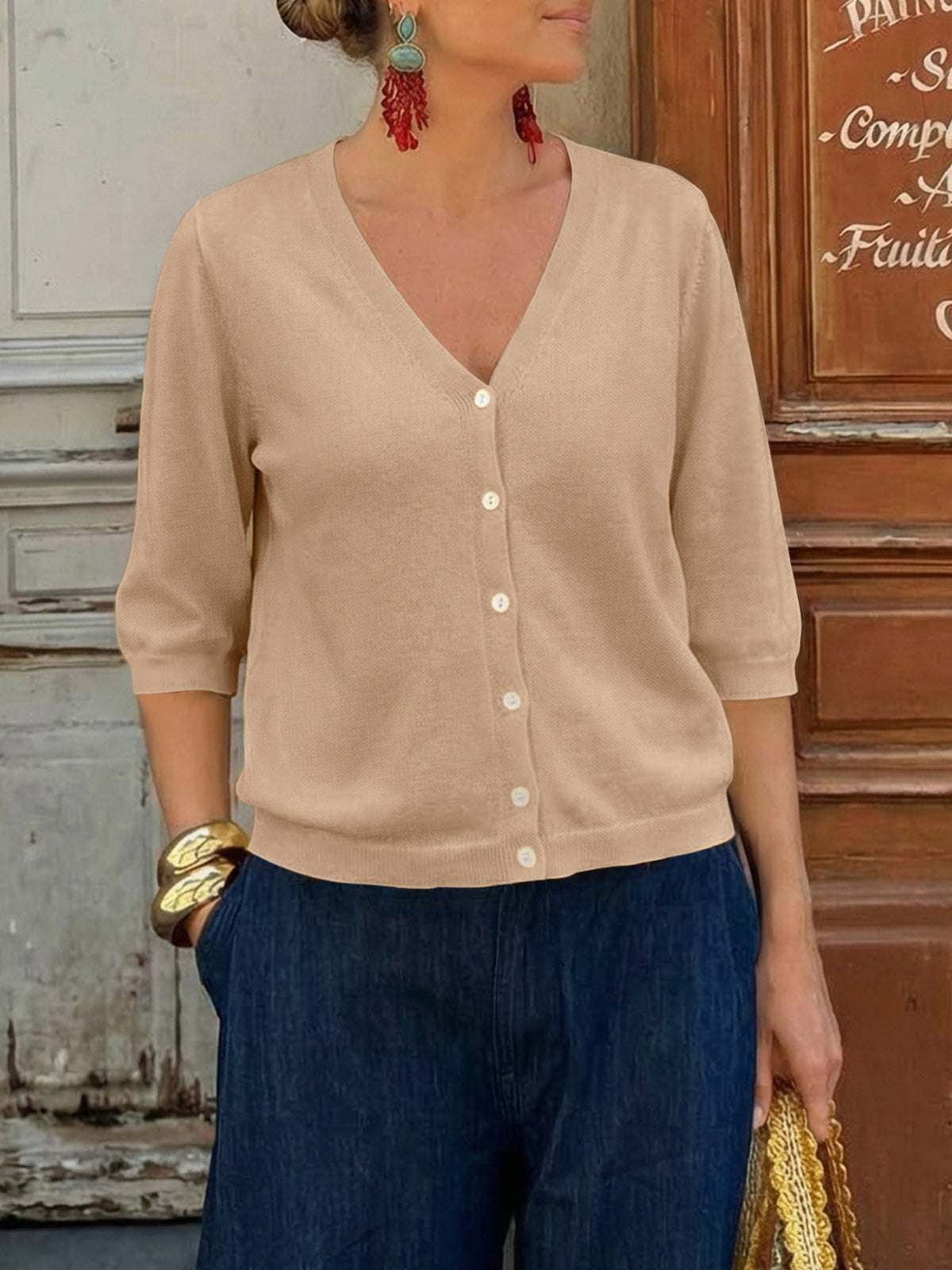 Womens Summer Lightweight V Neck Half Sleeve Knit Cardigans