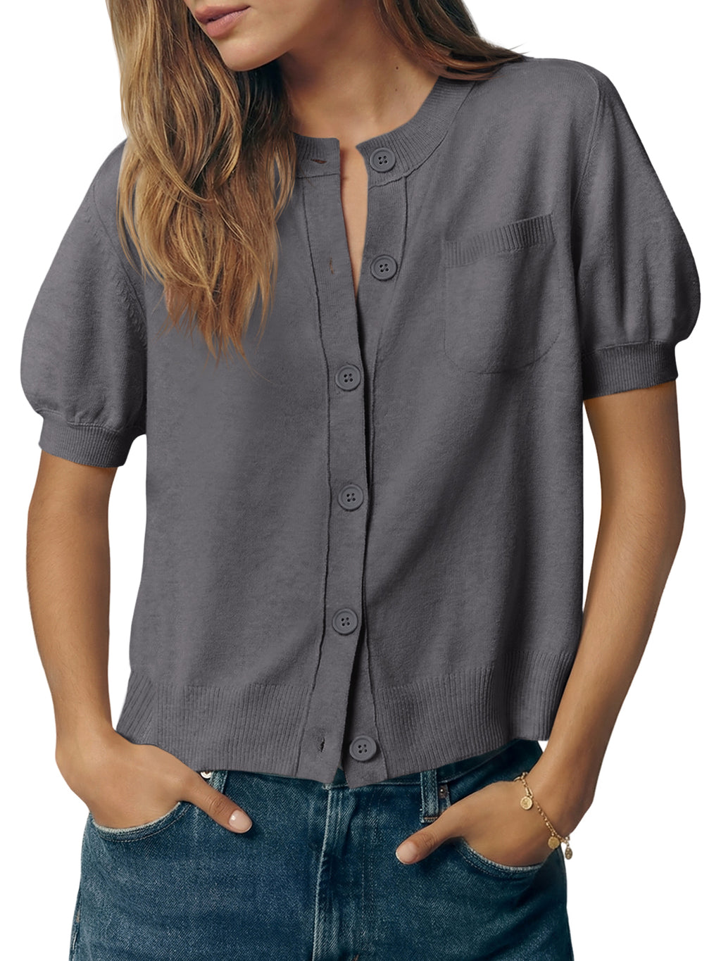 Saodimallsu Womens Puff Sleeve Button Down Cardigan