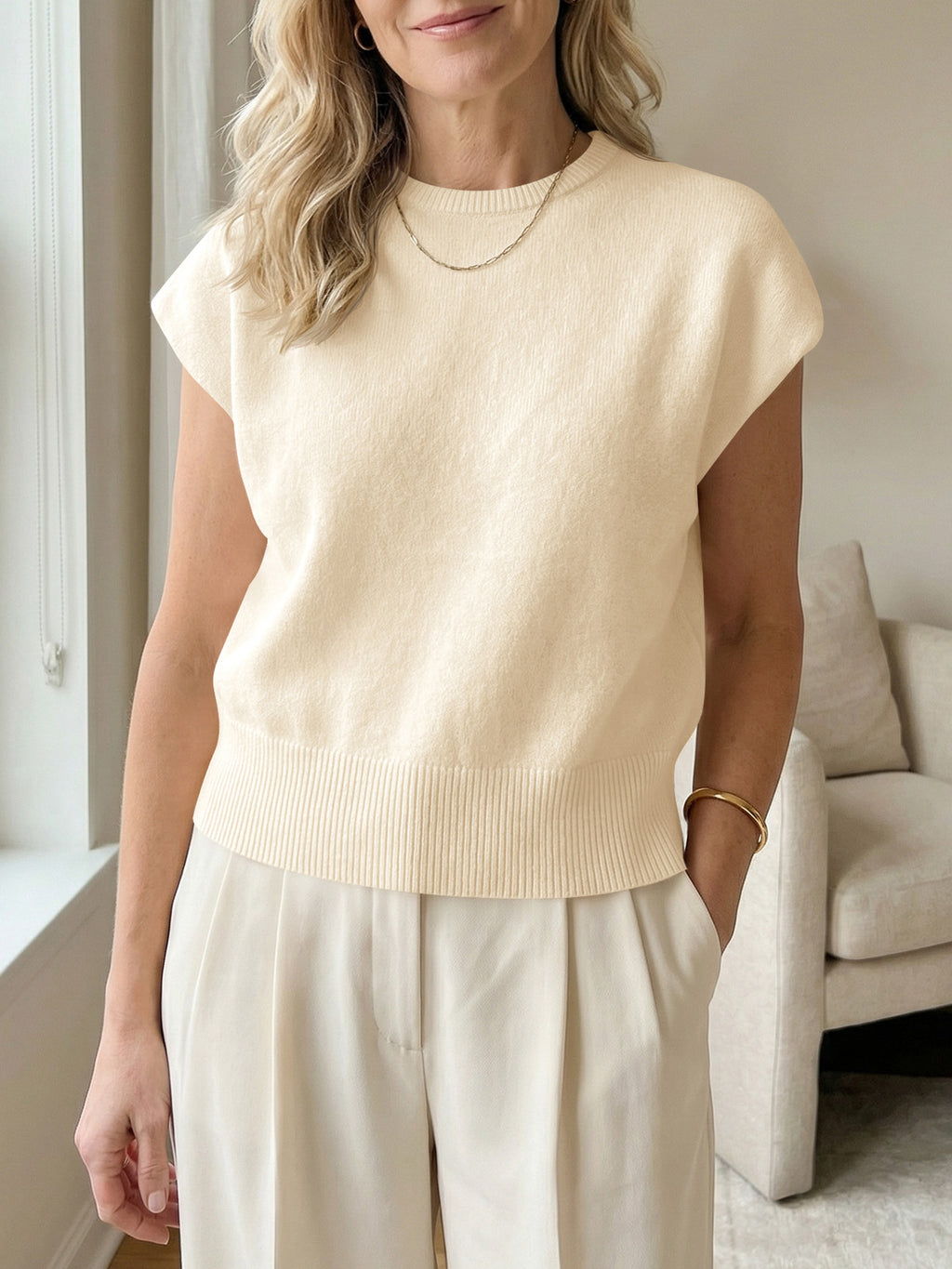 Saodimallsu Womens Crew Neck Cap Sleeve Sweater