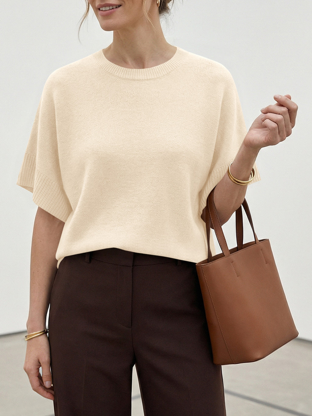 Saodimallsu Womens Short Sleeve Crew Neck Knit Sweater