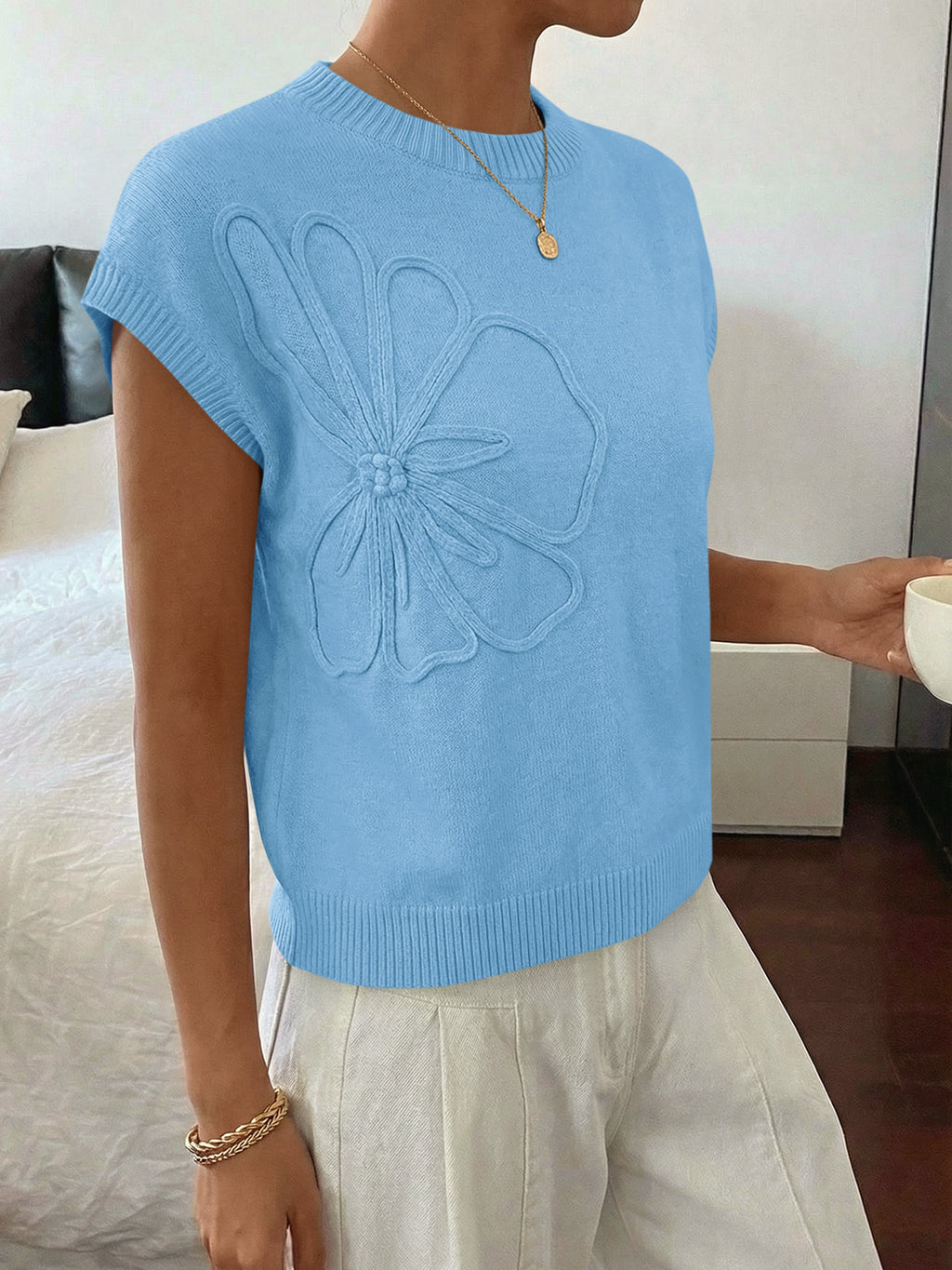 Saodimallsu Womens Short Sleeve Trendy Floral Pullover Sweaters