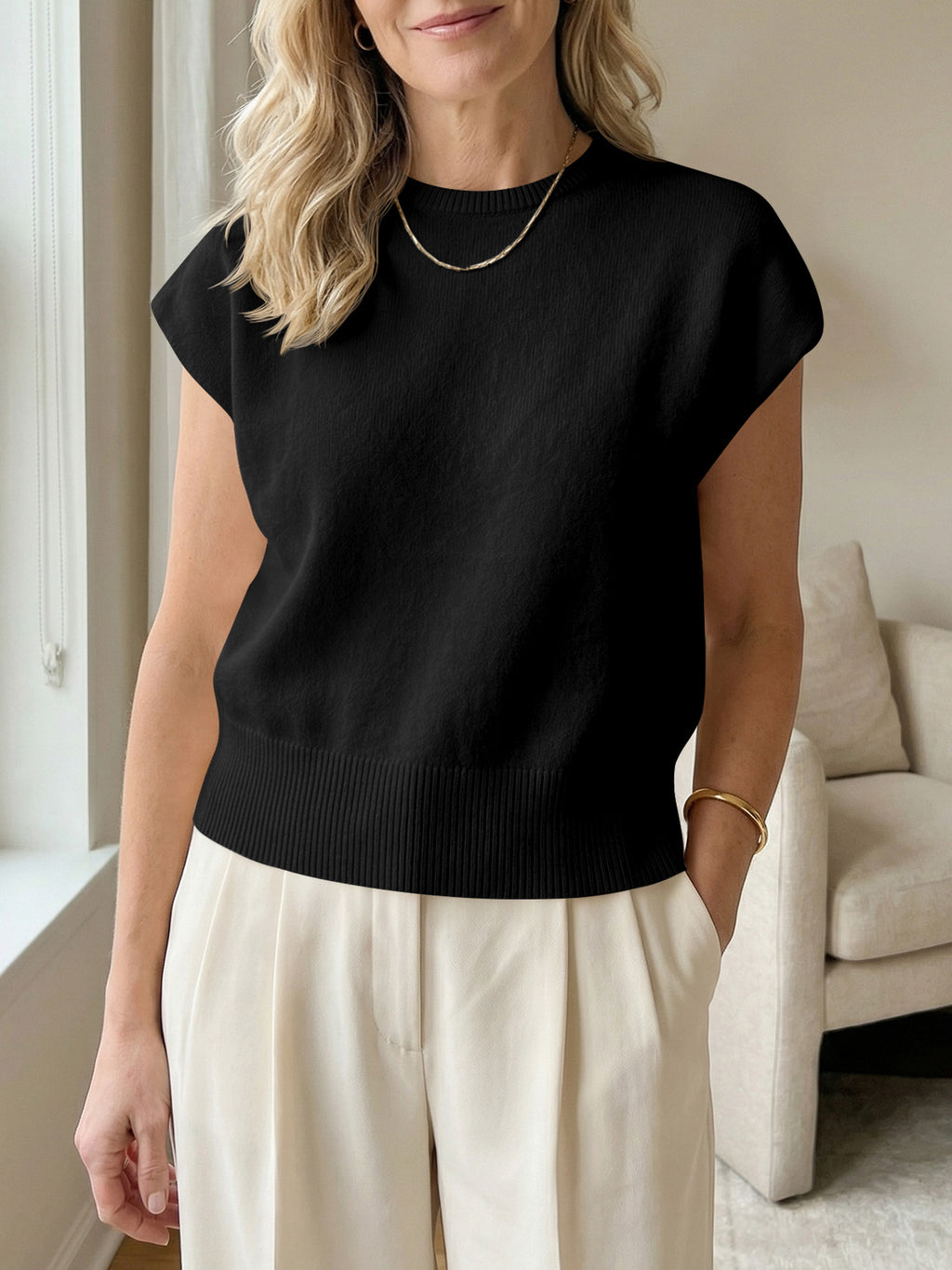 Saodimallsu Womens Crew Neck Cap Sleeve Sweater