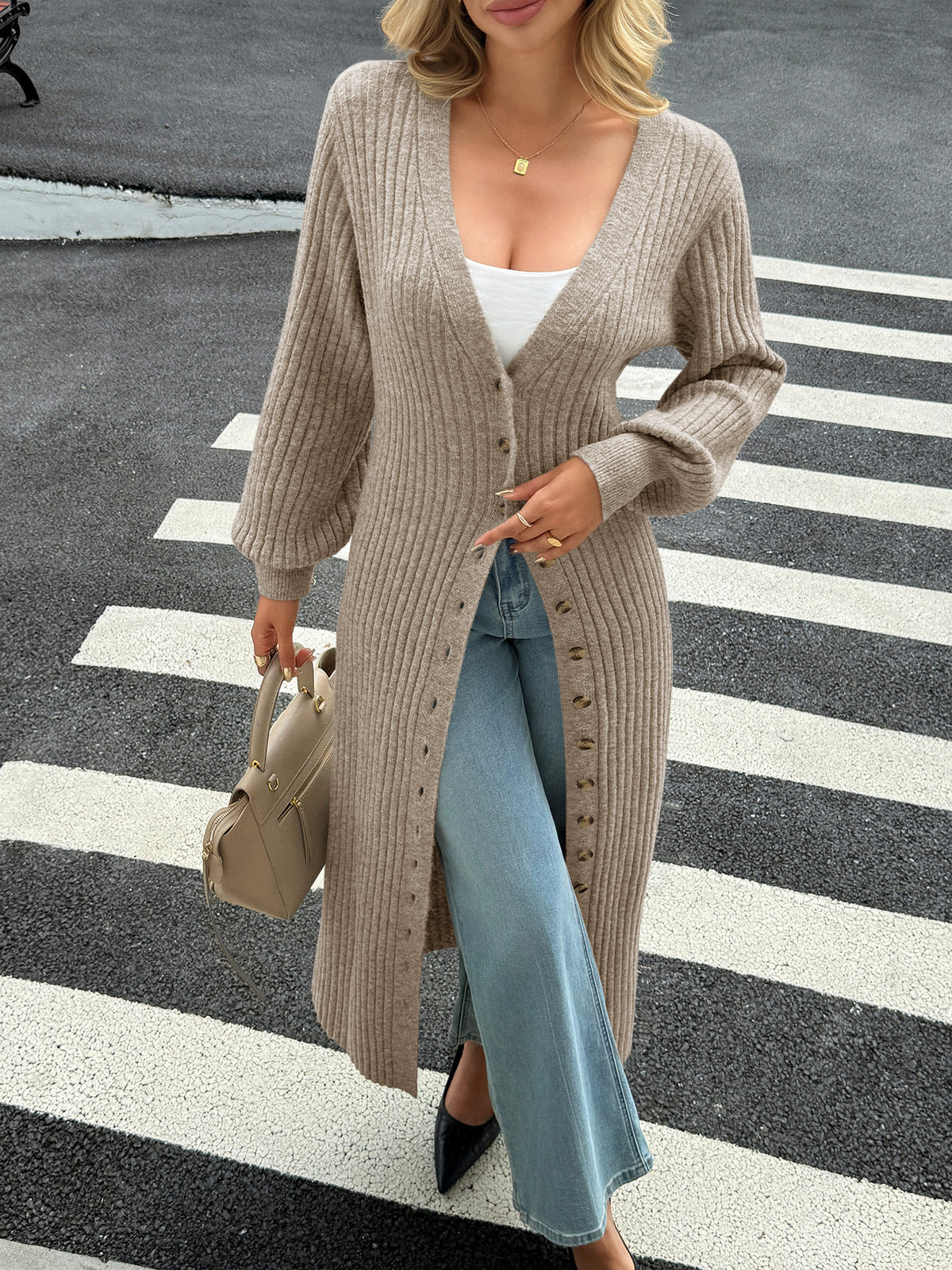 Saodimallsu Khaki Womens V Neck Cardigan
