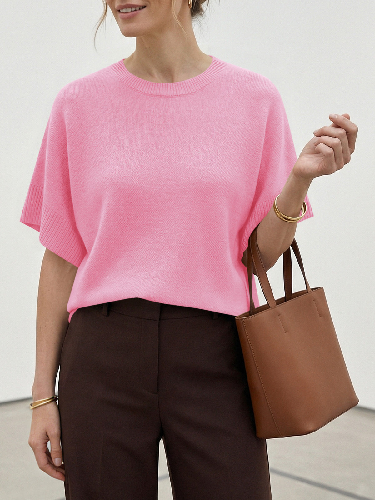 Saodimallsu Womens Short Sleeve Crew Neck Knit Sweater