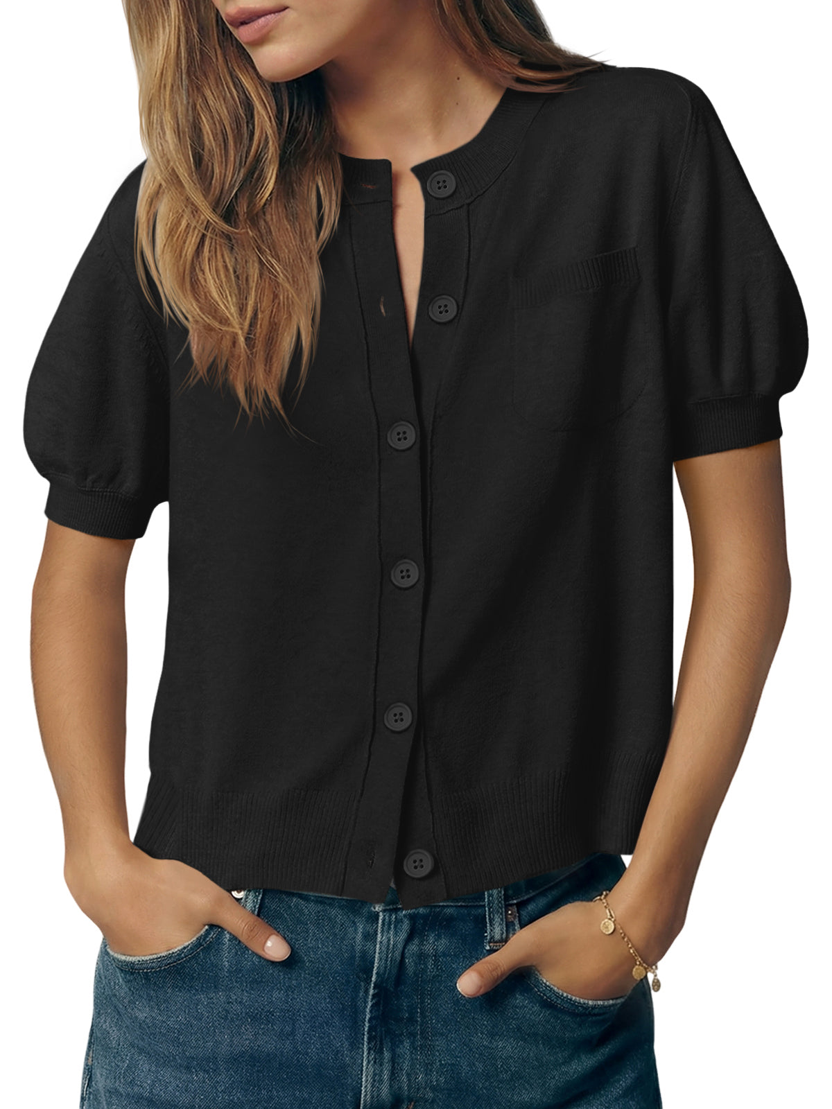 Saodimallsu Womens Puff Sleeve Button Down Cardigan