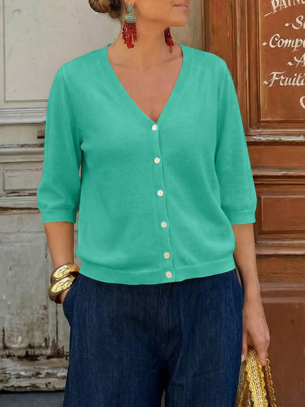 Womens Summer Lightweight V Neck Half Sleeve Knit Cardigans