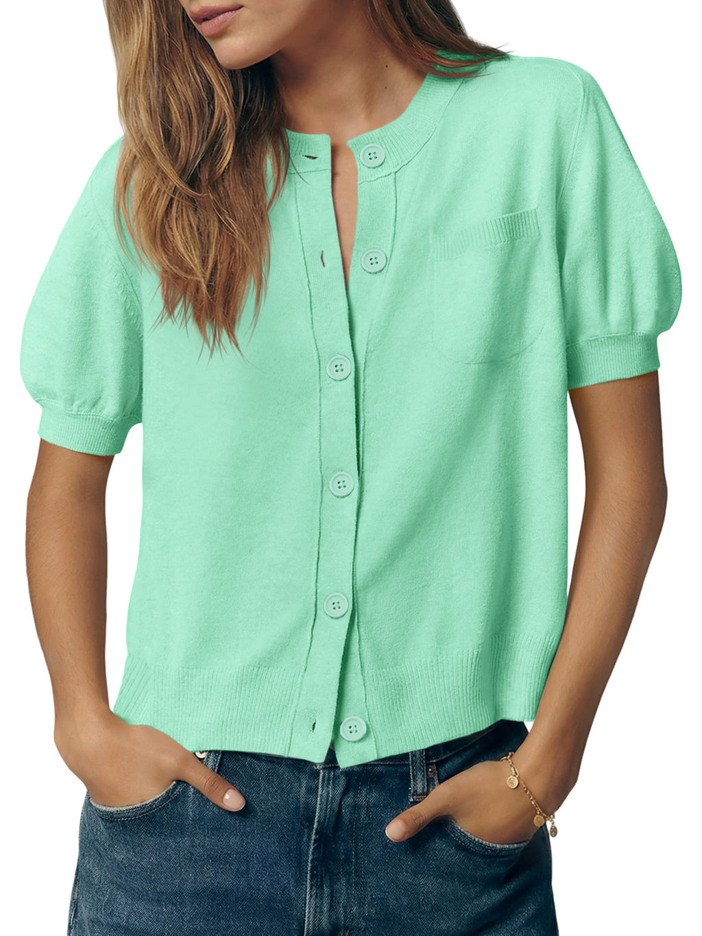 Saodimallsu Womens Puff Sleeve Button Down Cardigan
