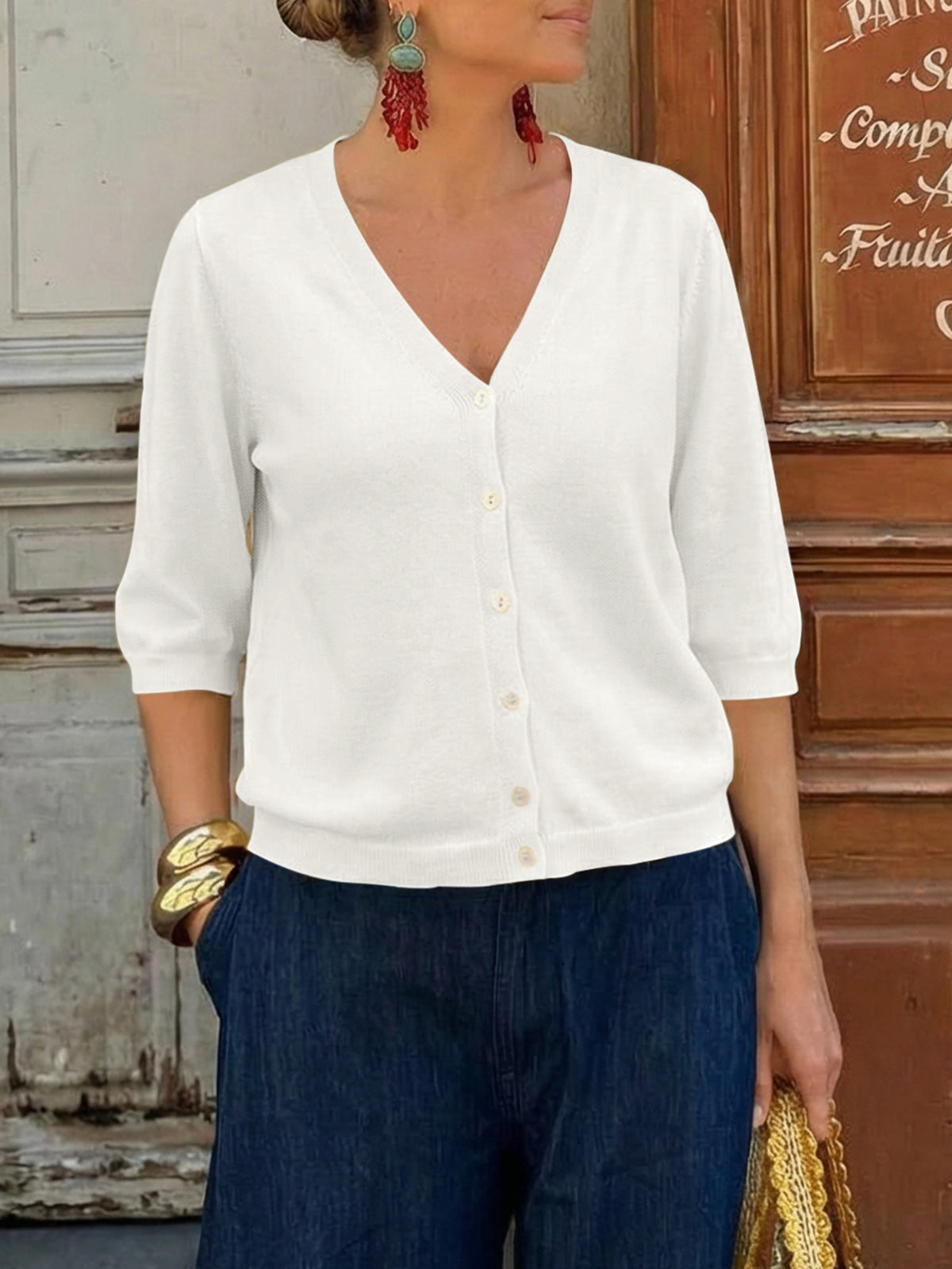 Womens Summer Lightweight V Neck Half Sleeve Knit Cardigans