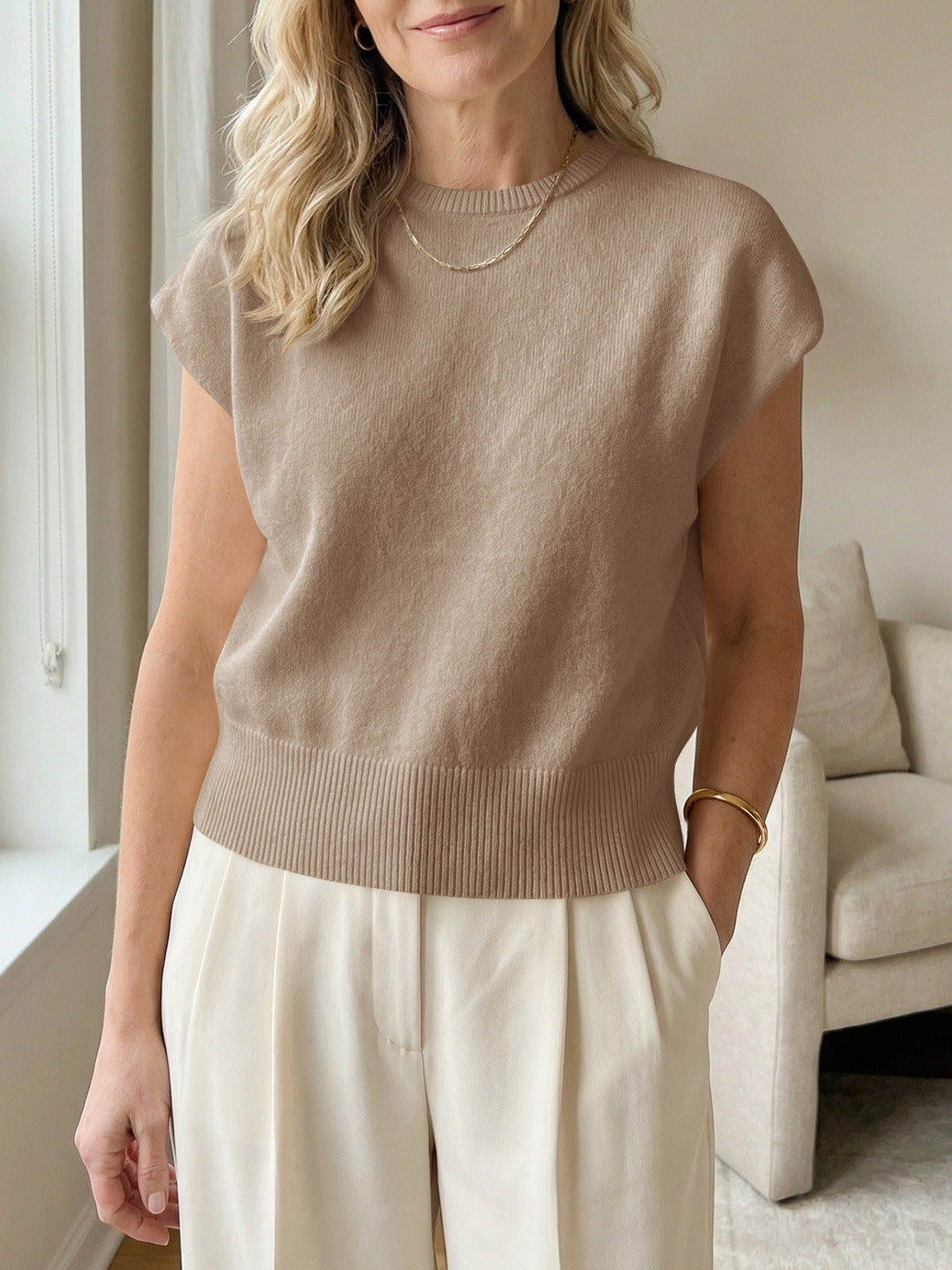 Saodimallsu Womens Crew Neck Cap Sleeve Sweater