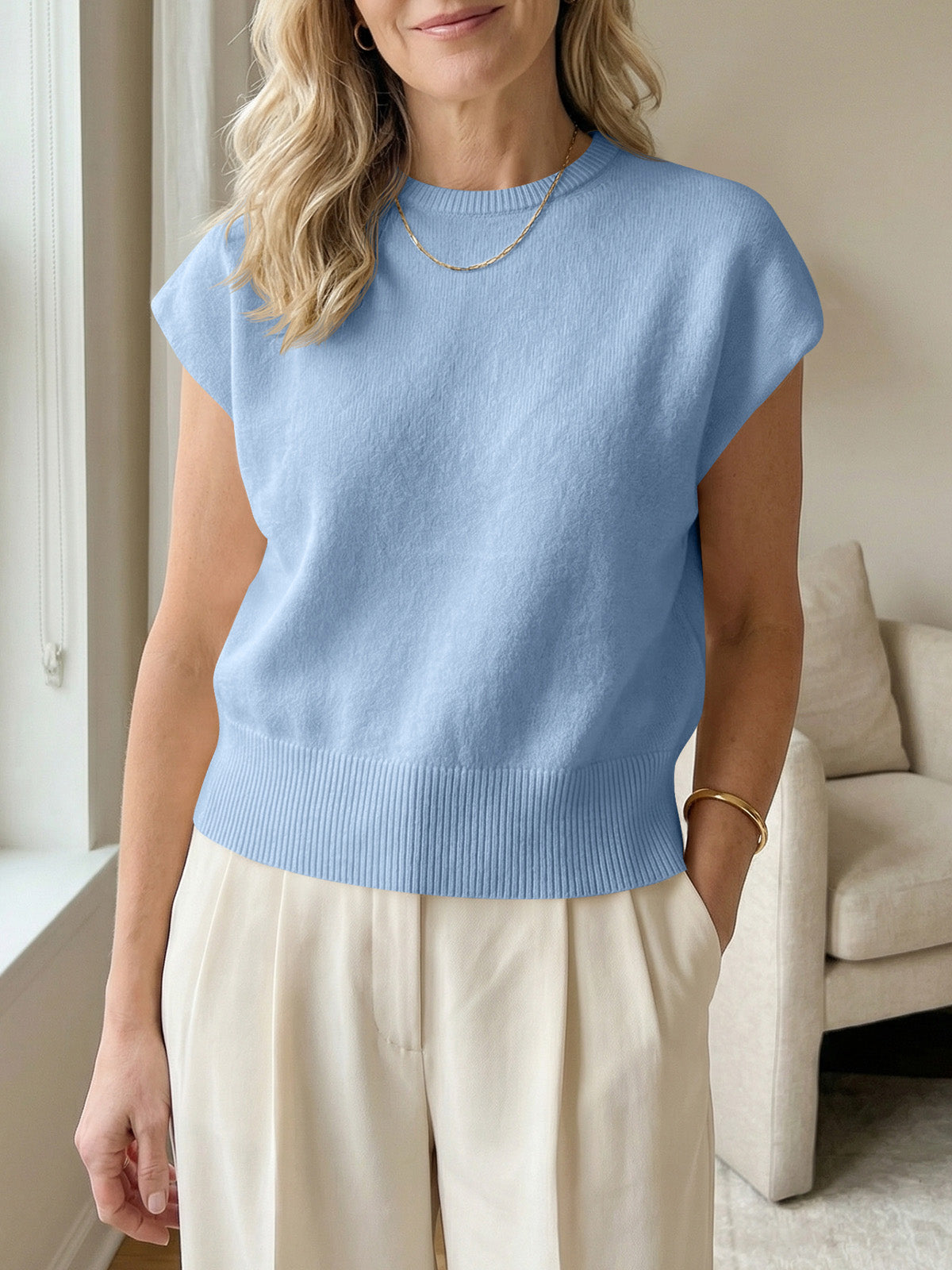 Saodimallsu Womens Crew Neck Cap Sleeve Sweater