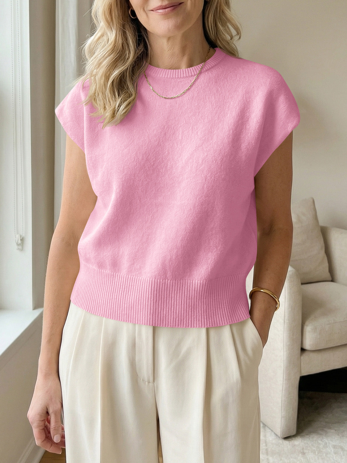 Saodimallsu Womens Crew Neck Cap Sleeve Sweater