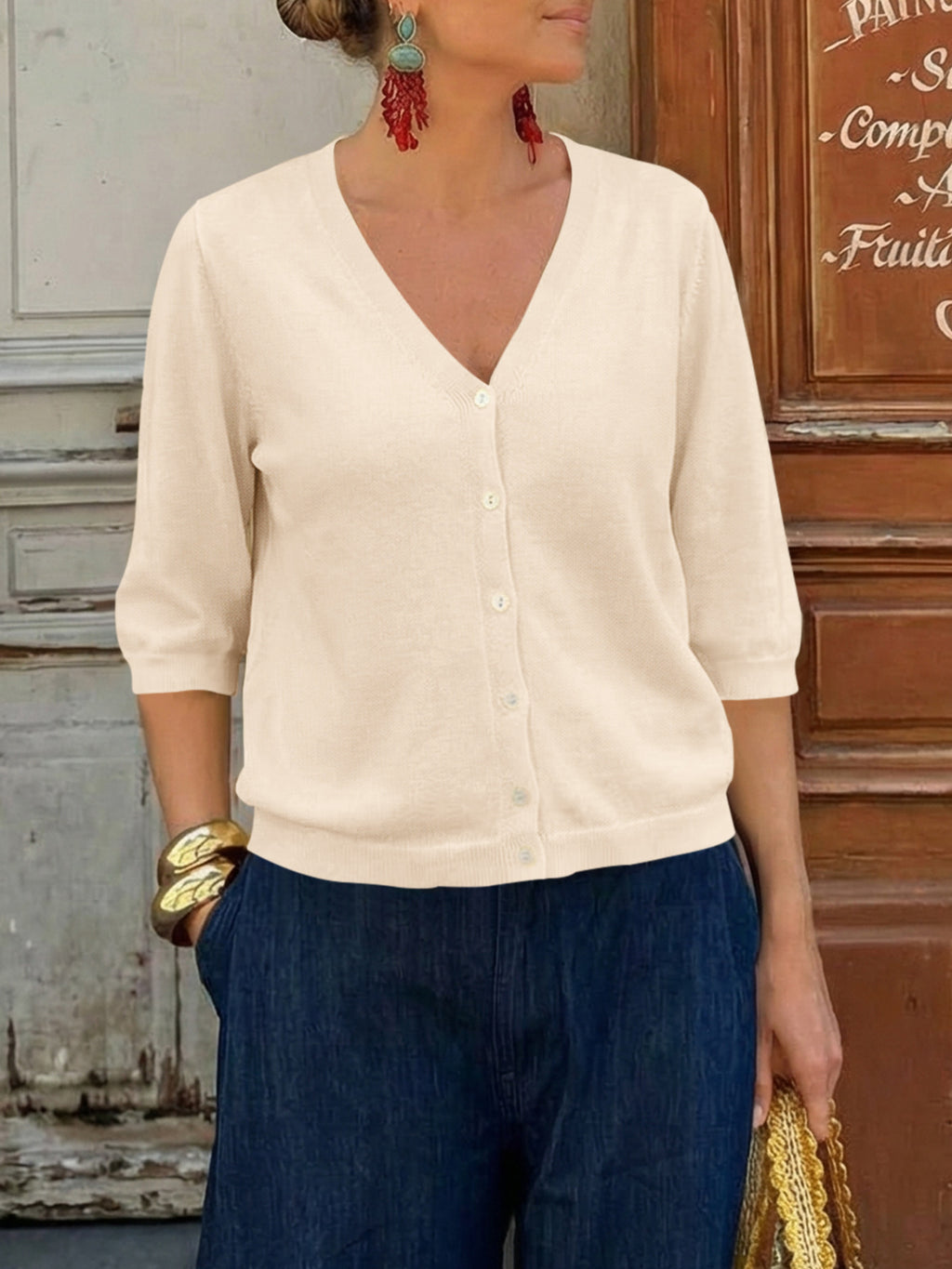 Womens Summer Lightweight V Neck Half Sleeve Knit Cardigans