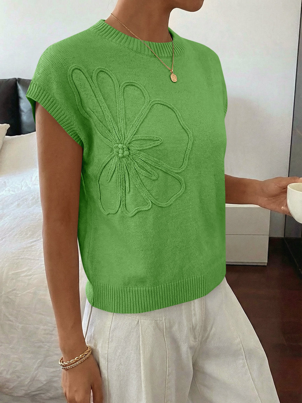 Saodimallsu Womens Short Sleeve Trendy Floral Pullover Sweaters