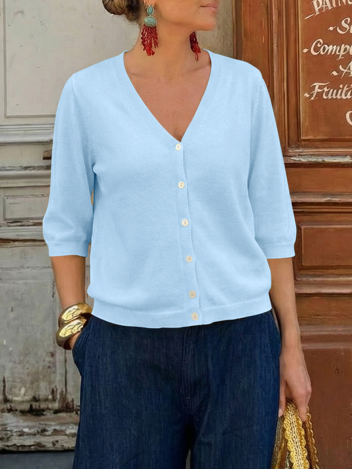 Womens Summer Lightweight V Neck Half Sleeve Knit Cardigans
