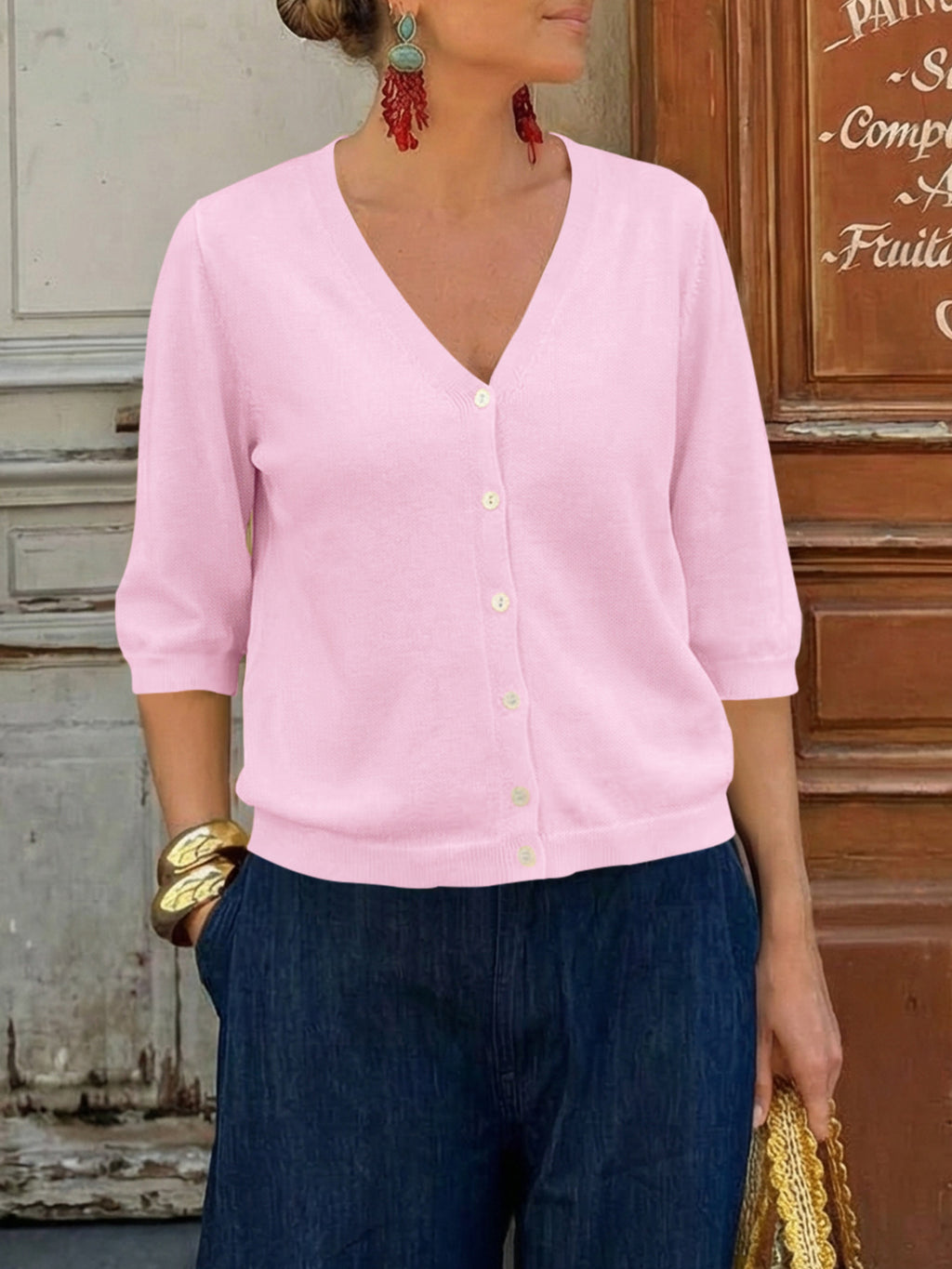 Womens Summer Lightweight V Neck Half Sleeve Knit Cardigans