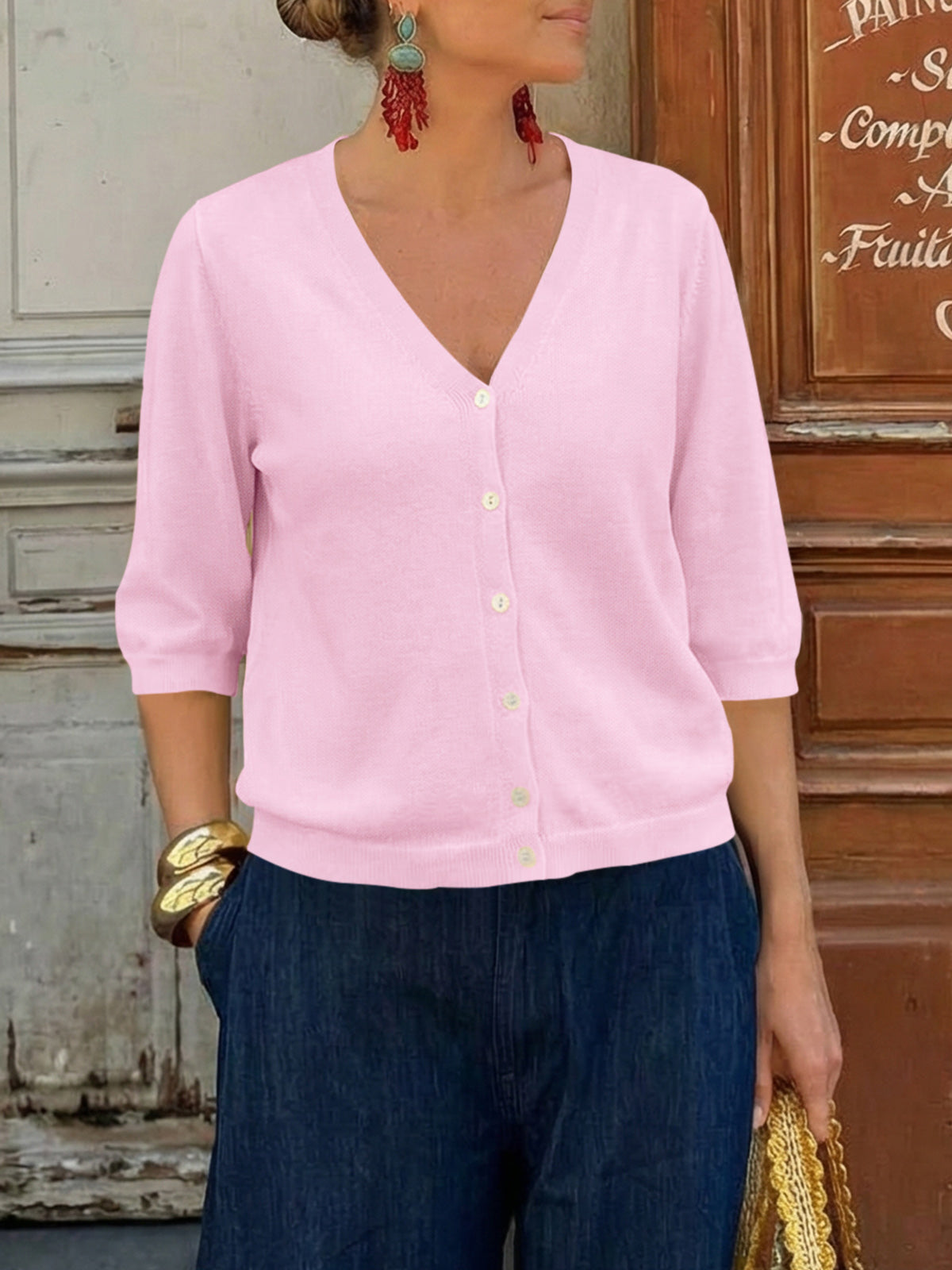 Womens Summer Lightweight V Neck Half Sleeve Knit Cardigans