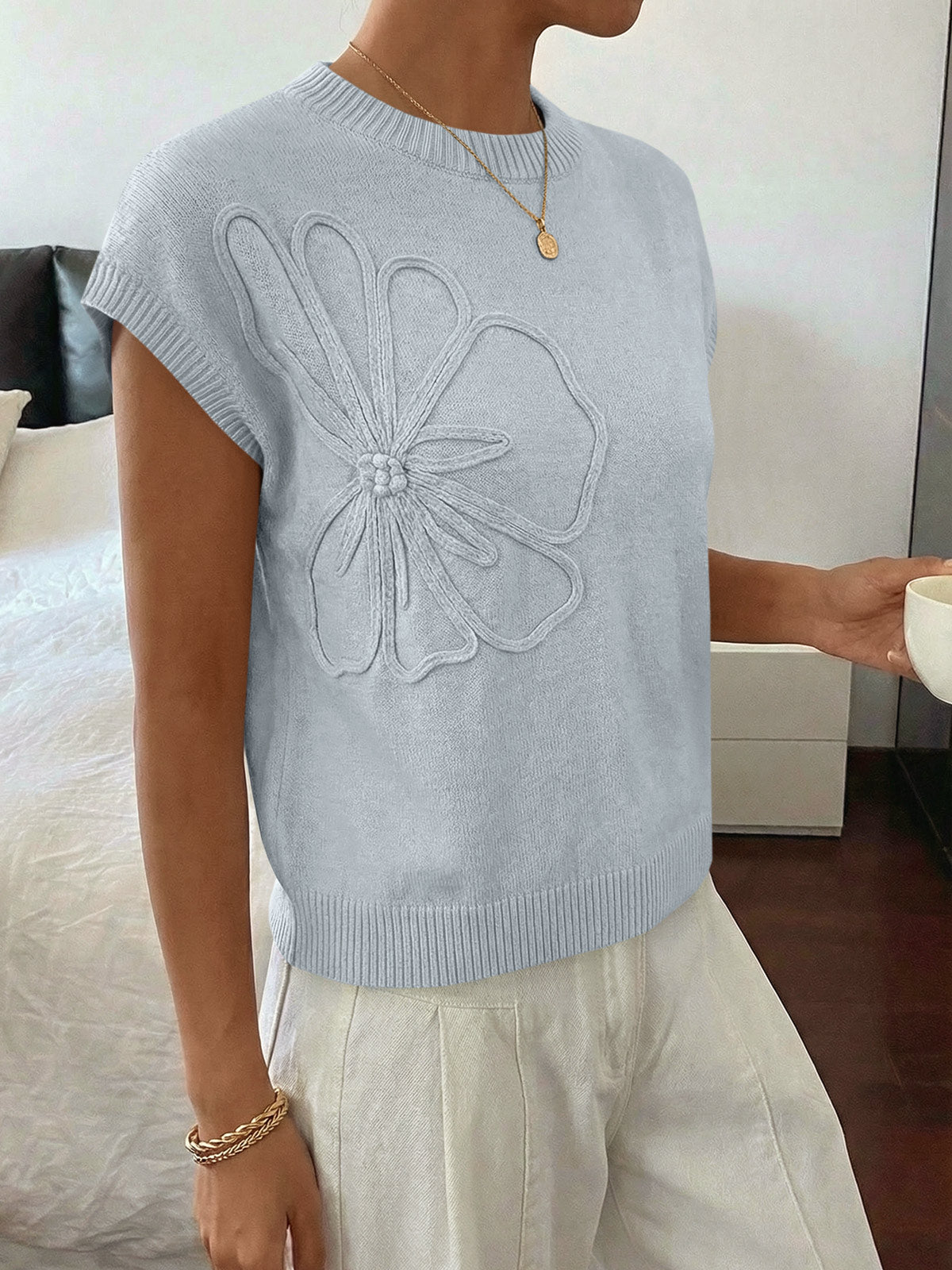 Saodimallsu Womens Short Sleeve Trendy Floral Pullover Sweaters