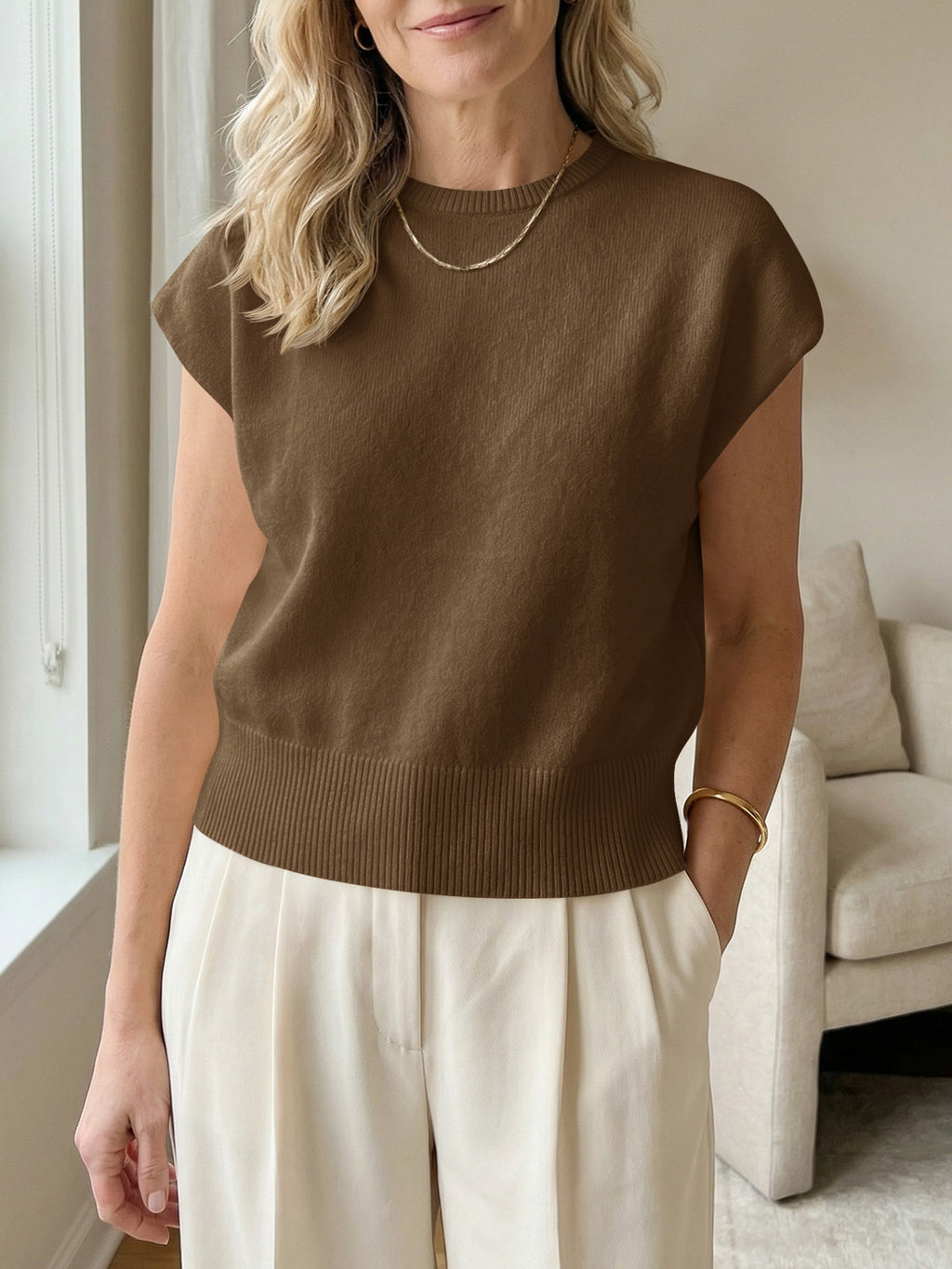Saodimallsu Womens Crew Neck Cap Sleeve Sweater