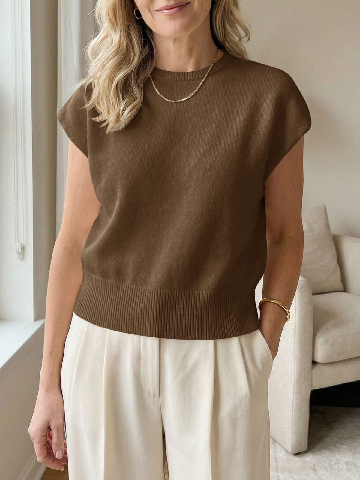 Saodimallsu Womens Crew Neck Cap Sleeve Sweater