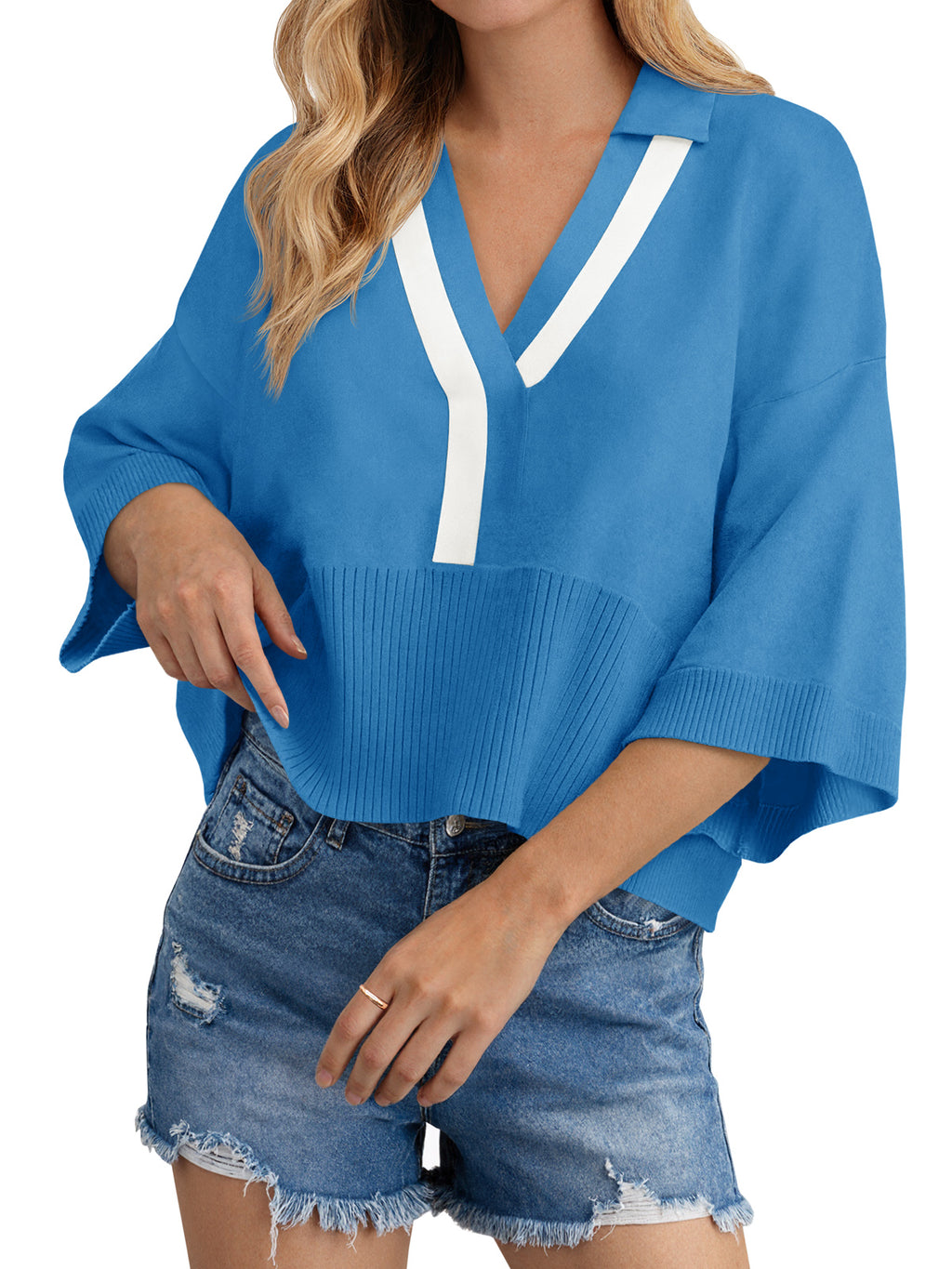 Saodimallsu Womens Color Block V Neck Sweater