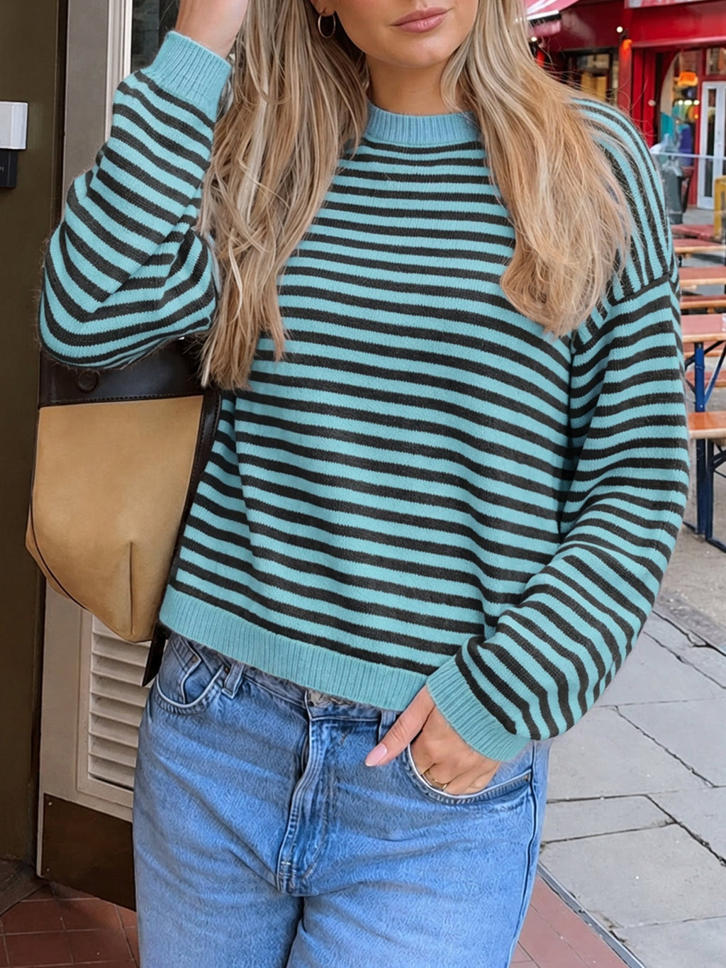 Saodimallsu Women Oversized Striped Crew Neck Pullover Sweater