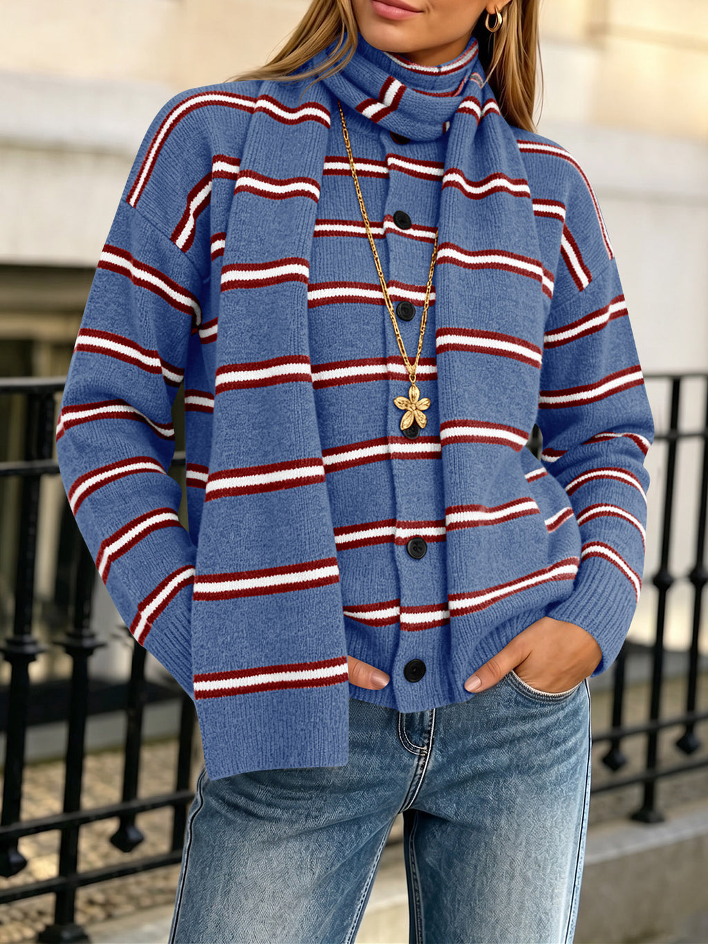 Saodimallsu Striped Knit Button Cardigan