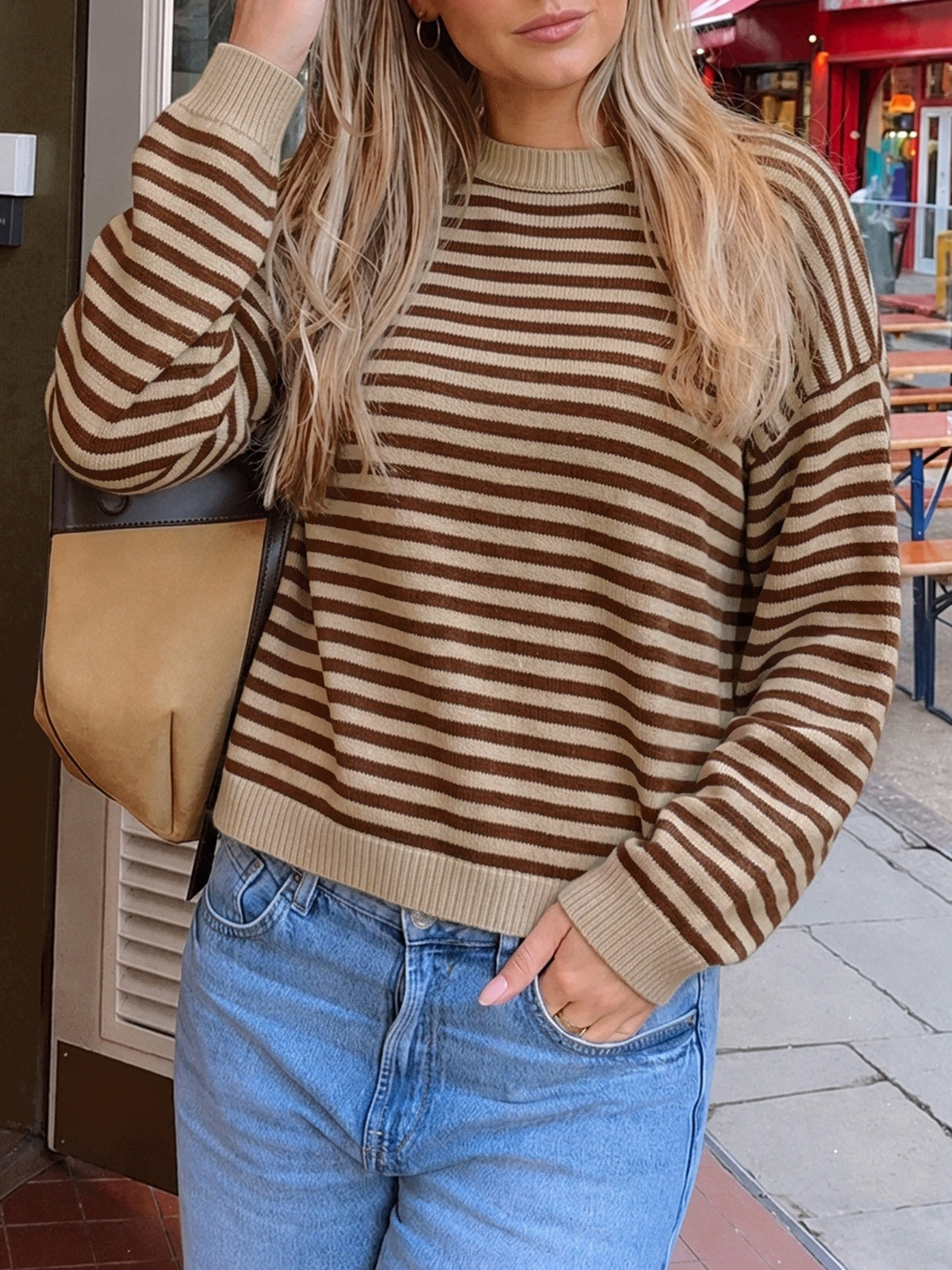 Saodimallsu Women Oversized Striped Crew Neck Pullover Sweater