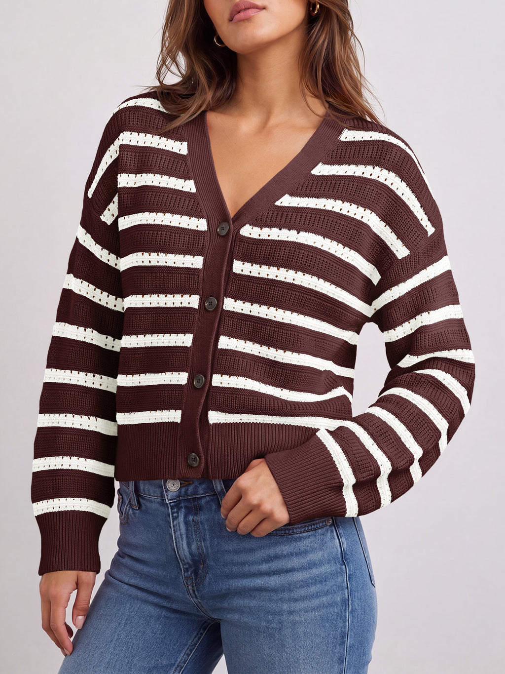 Saodimallsu Womens Striped Crochet Cardigan Tops