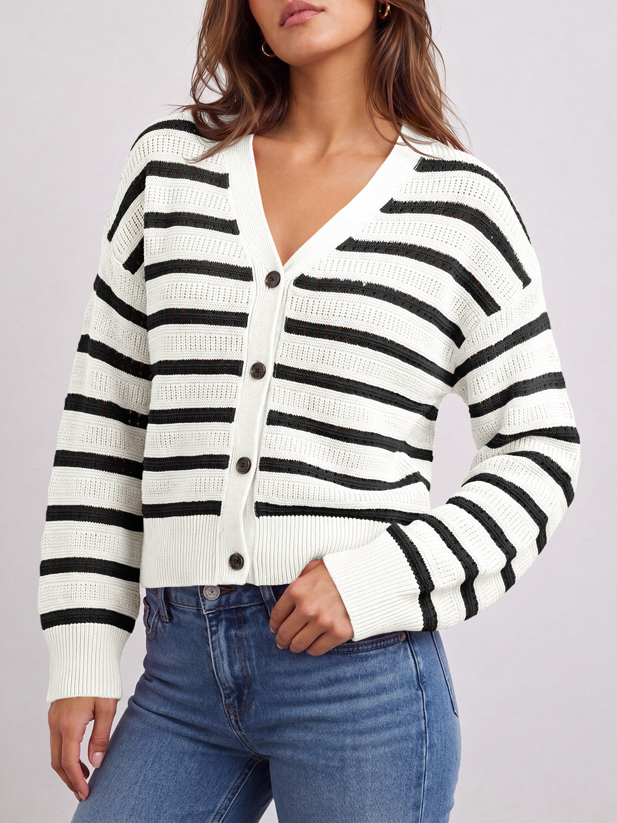 Saodimallsu Womens Striped Crochet Cardigan Tops