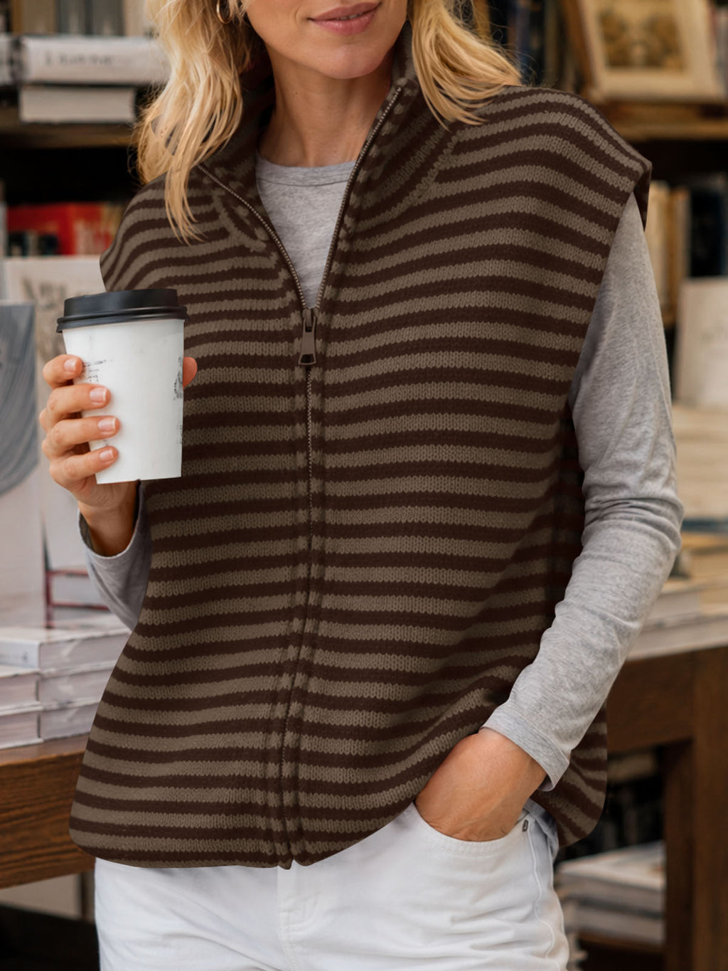 Saodimallsu Women Striped Zip Up Knit Cardigan