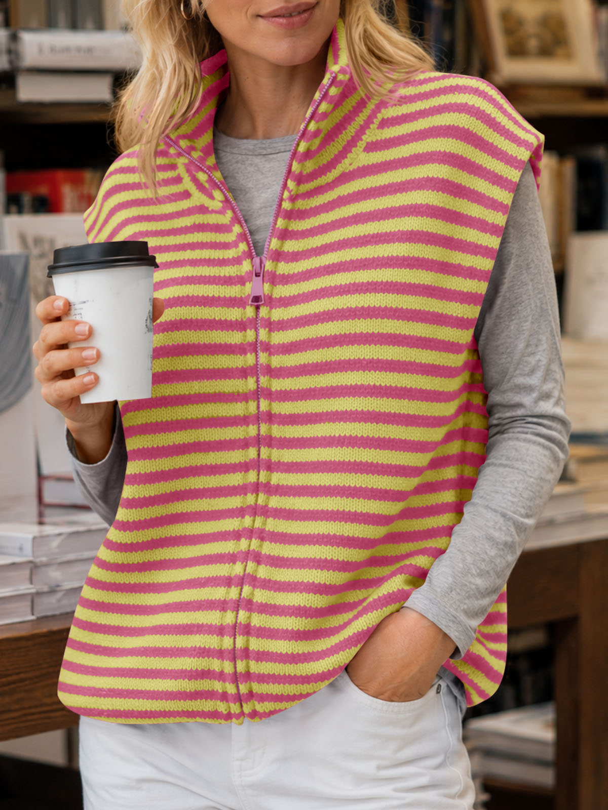 Saodimallsu Women Striped Zip Up Knit Cardigan
